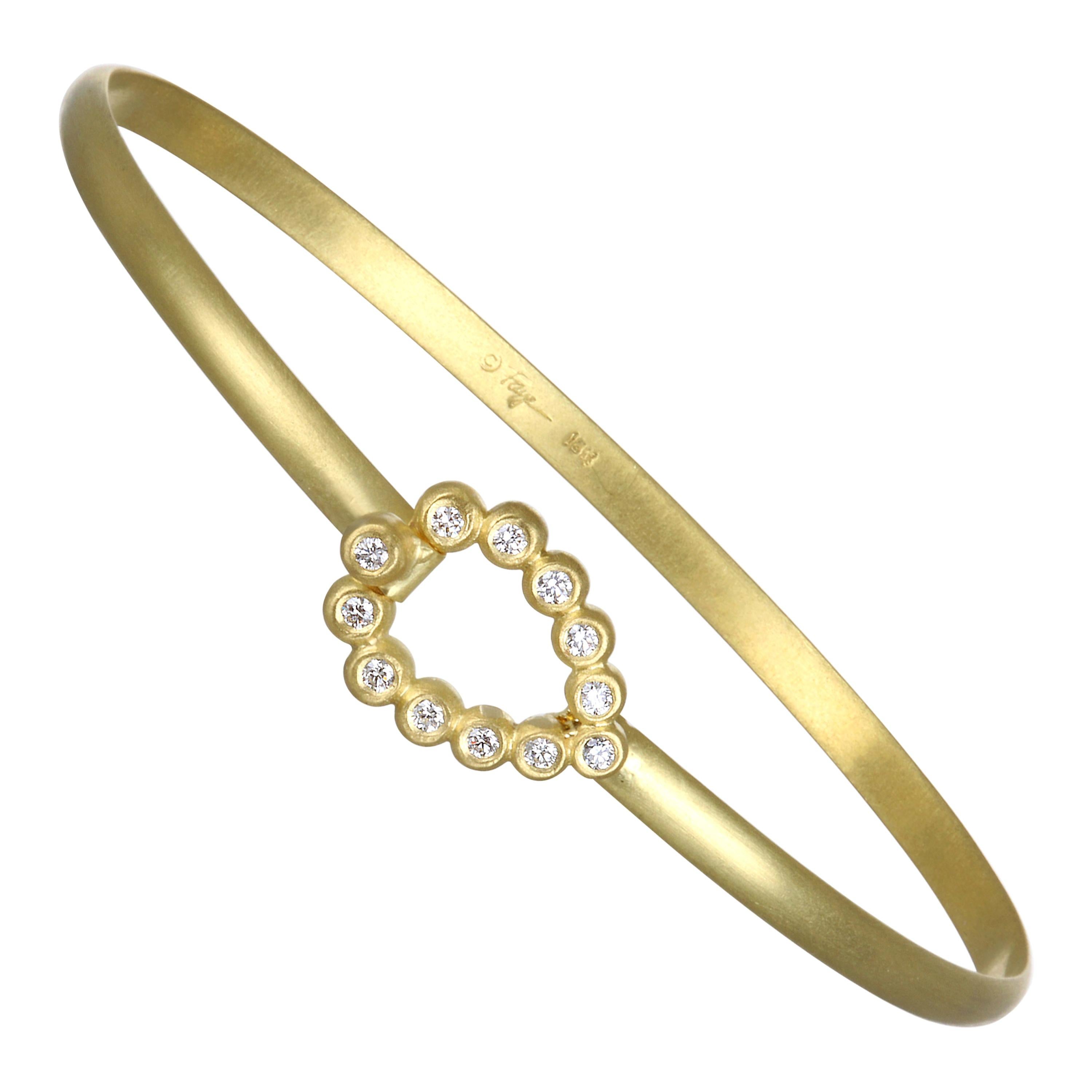 Faye Kim 18k Gold Bangle Bracelet with Diamond Tear Drop Closure For Sale