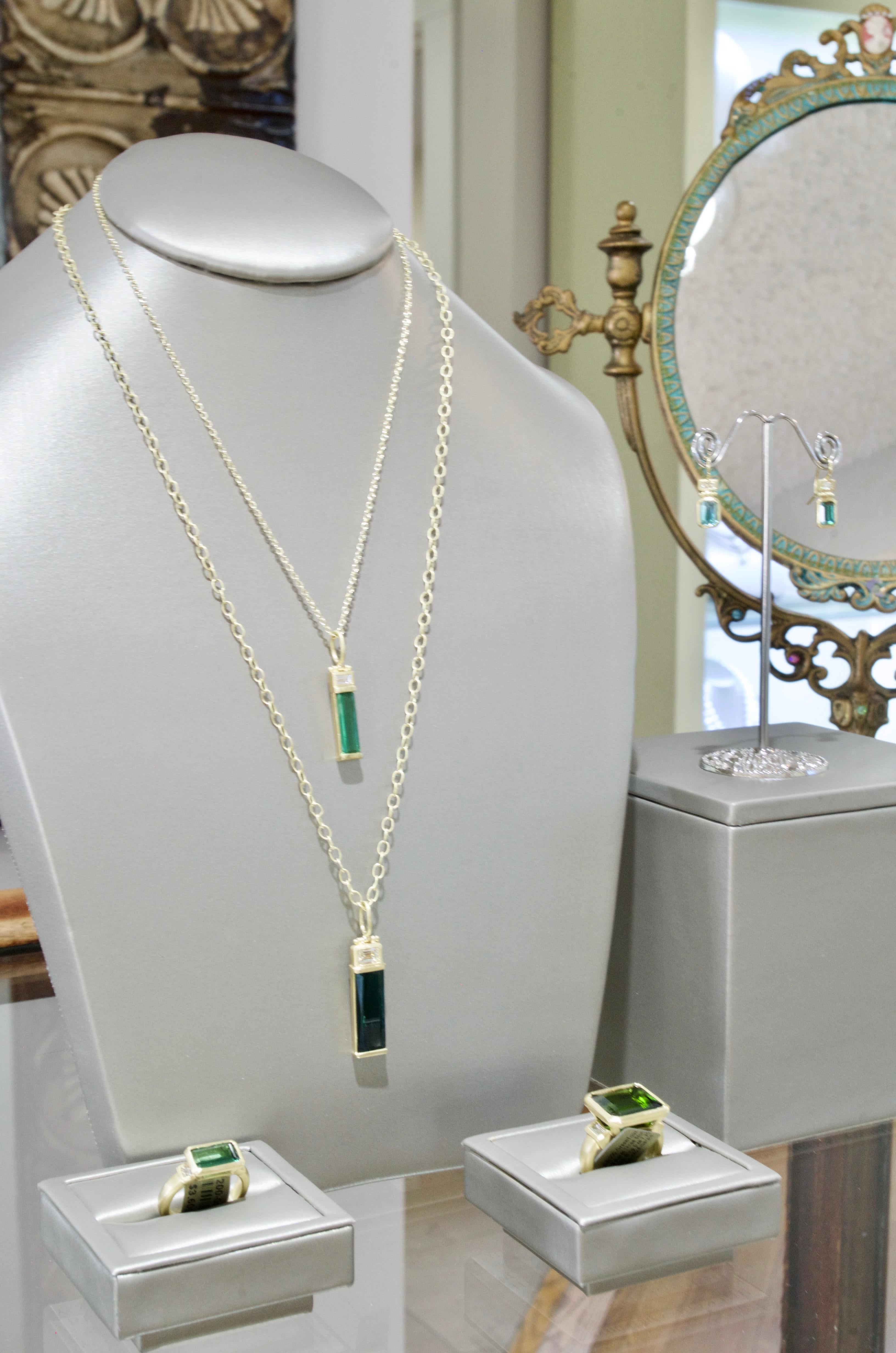 Women's Faye Kim 18k Gold Blue-Green Tourmaline and Diamond Baguette Pendant Necklace