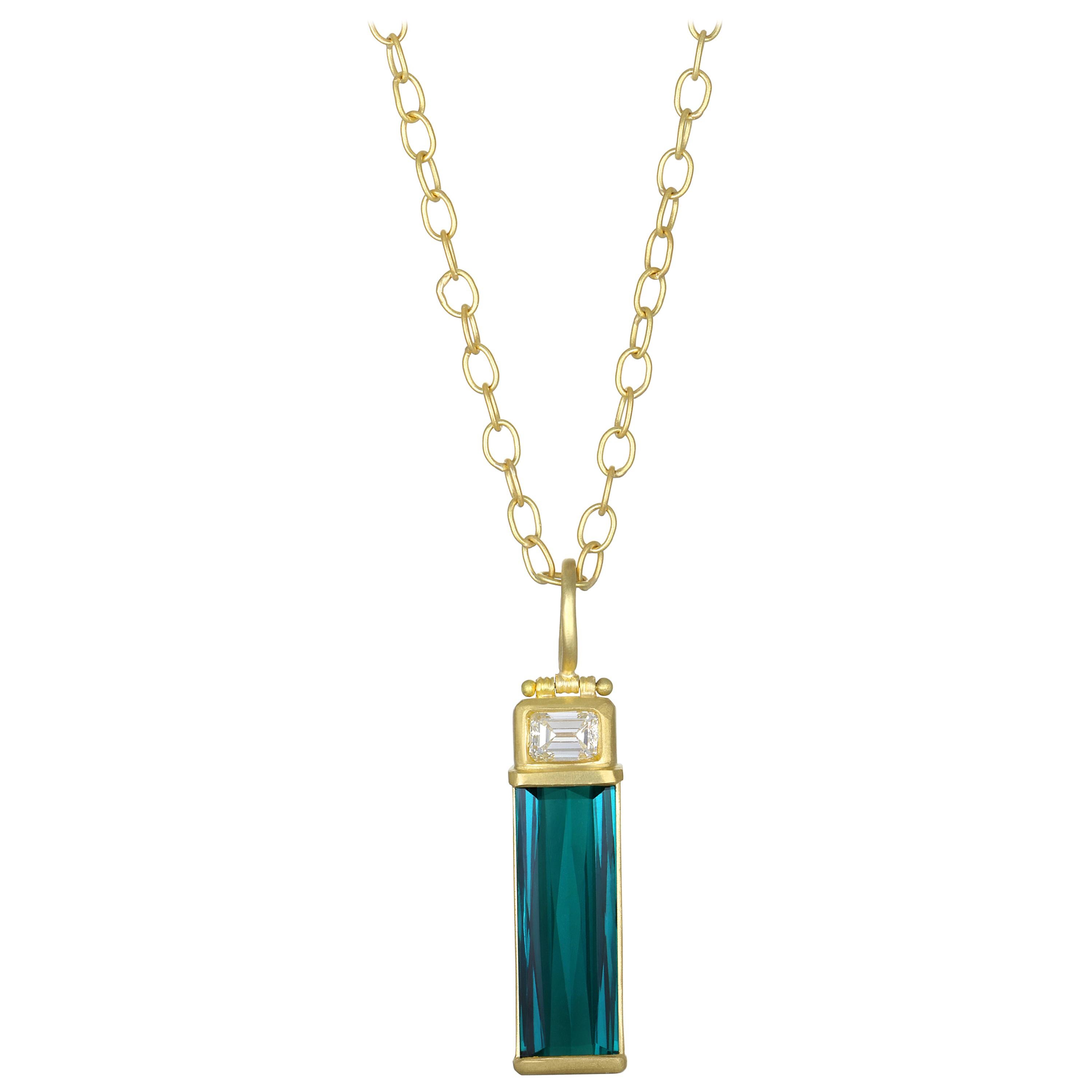 Faye Kim 18k Gold Blue-Green Tourmaline and Diamond Baguette Pendant Necklace