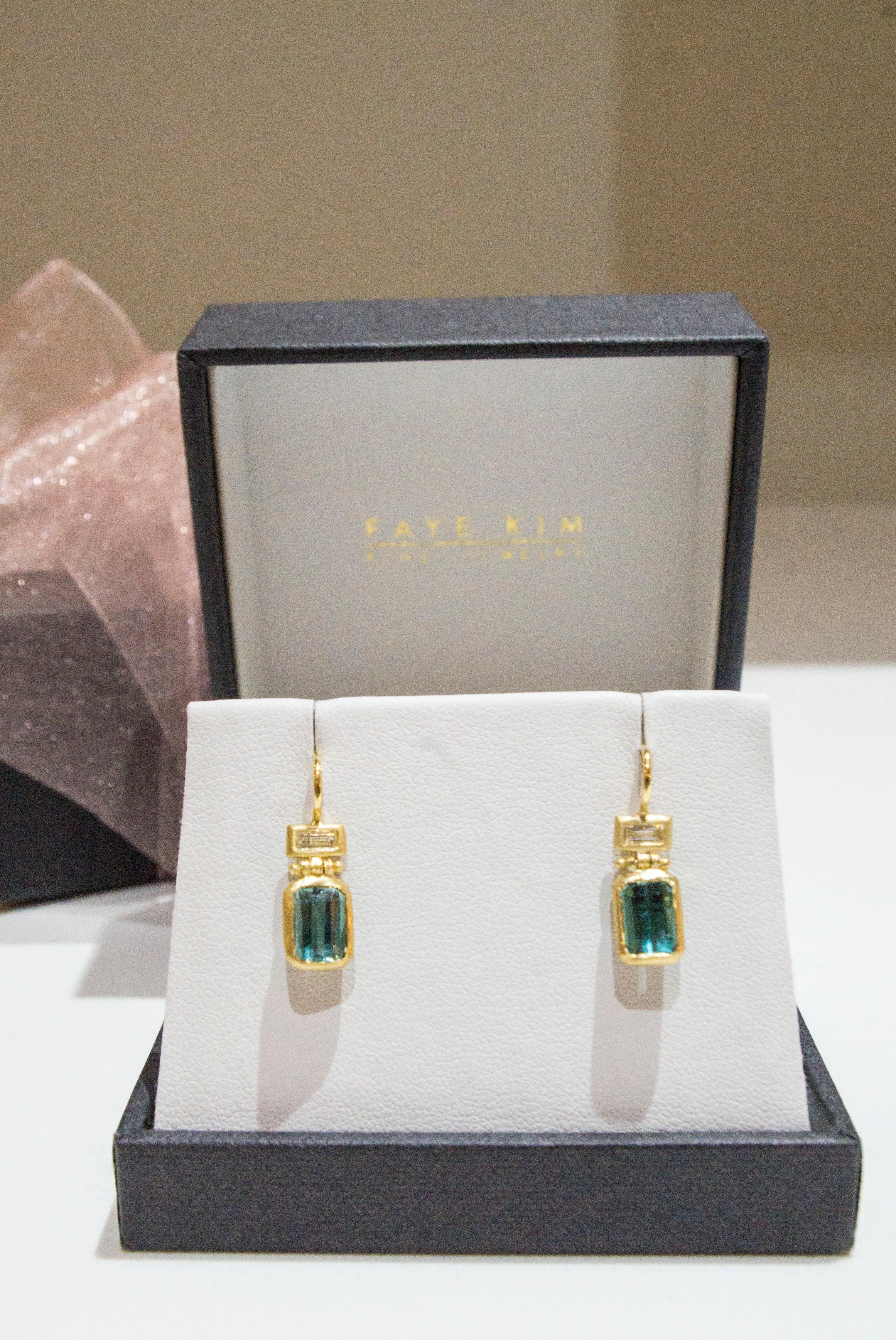 Baguette Cut Faye Kim 18 Karat Gold Blue Green Tourmaline and Diamond Hinge Earrings