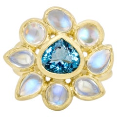 Faye Kim 18k Gold Blue Moonstone and Mozambique Aquamarine Daisy Cocktail Ring