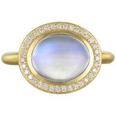 Faye Kim 18 Karat Gold Blue Oval Moonstone Ring with Diamond Halo