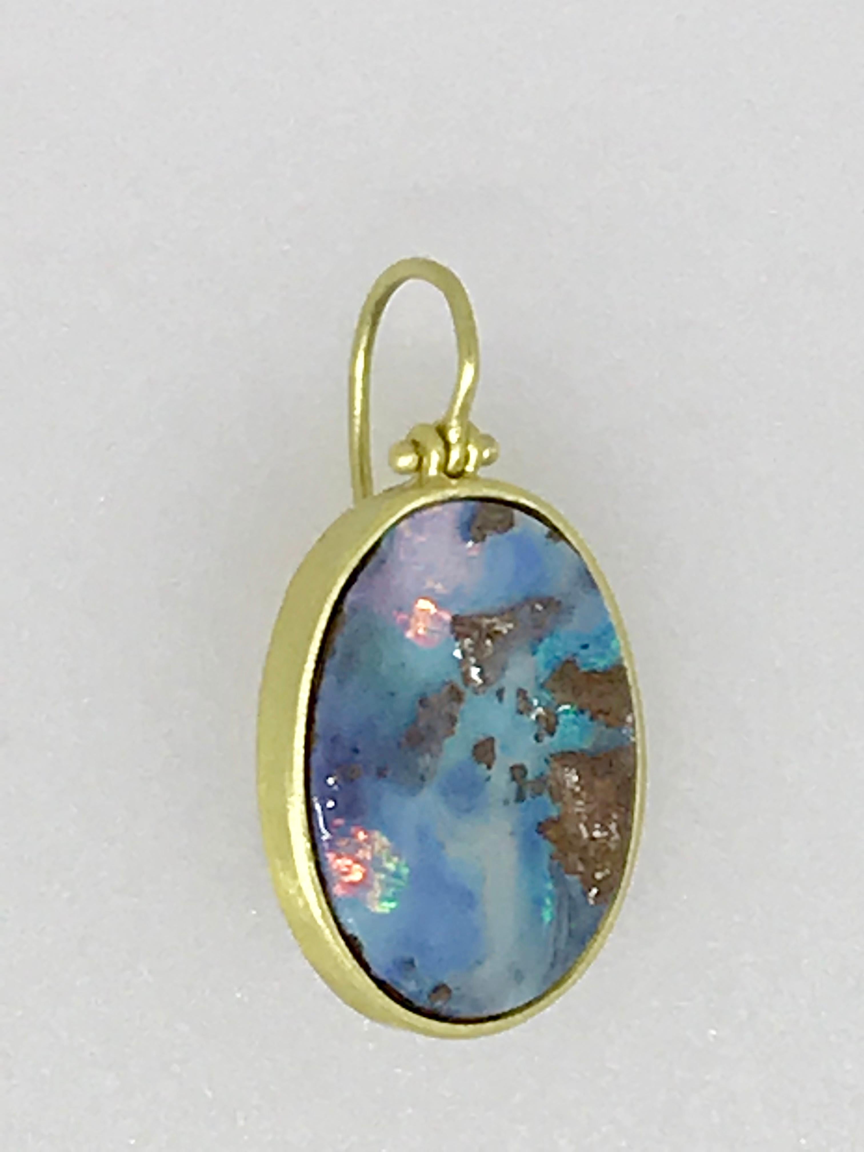 Oval Cut Faye Kim 18 Karat Gold Boulder Opal Split Hinged Earrings