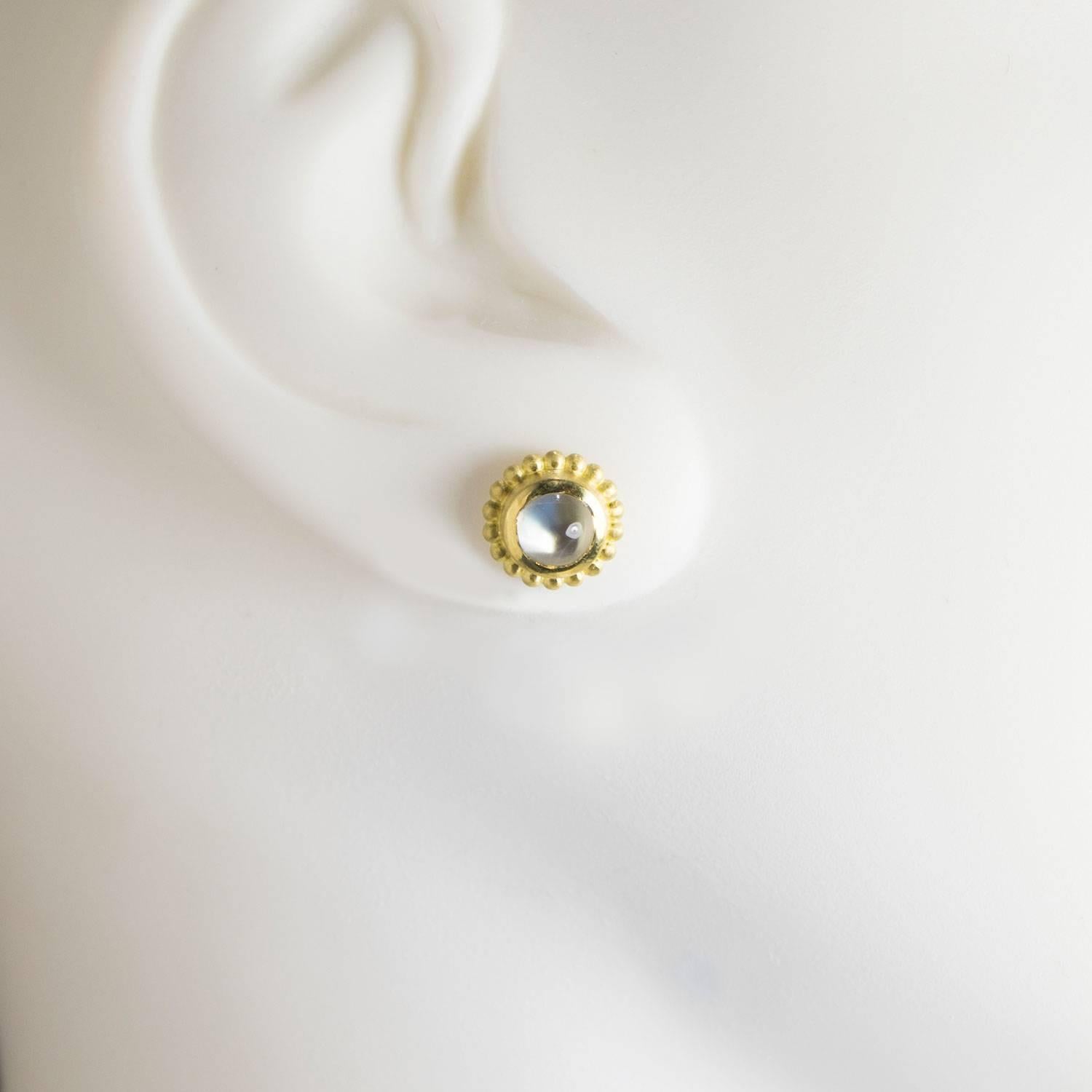 Round Cut Faye Kim 18 Karat Gold Burmese Moonstone Granulation Stud Earrings