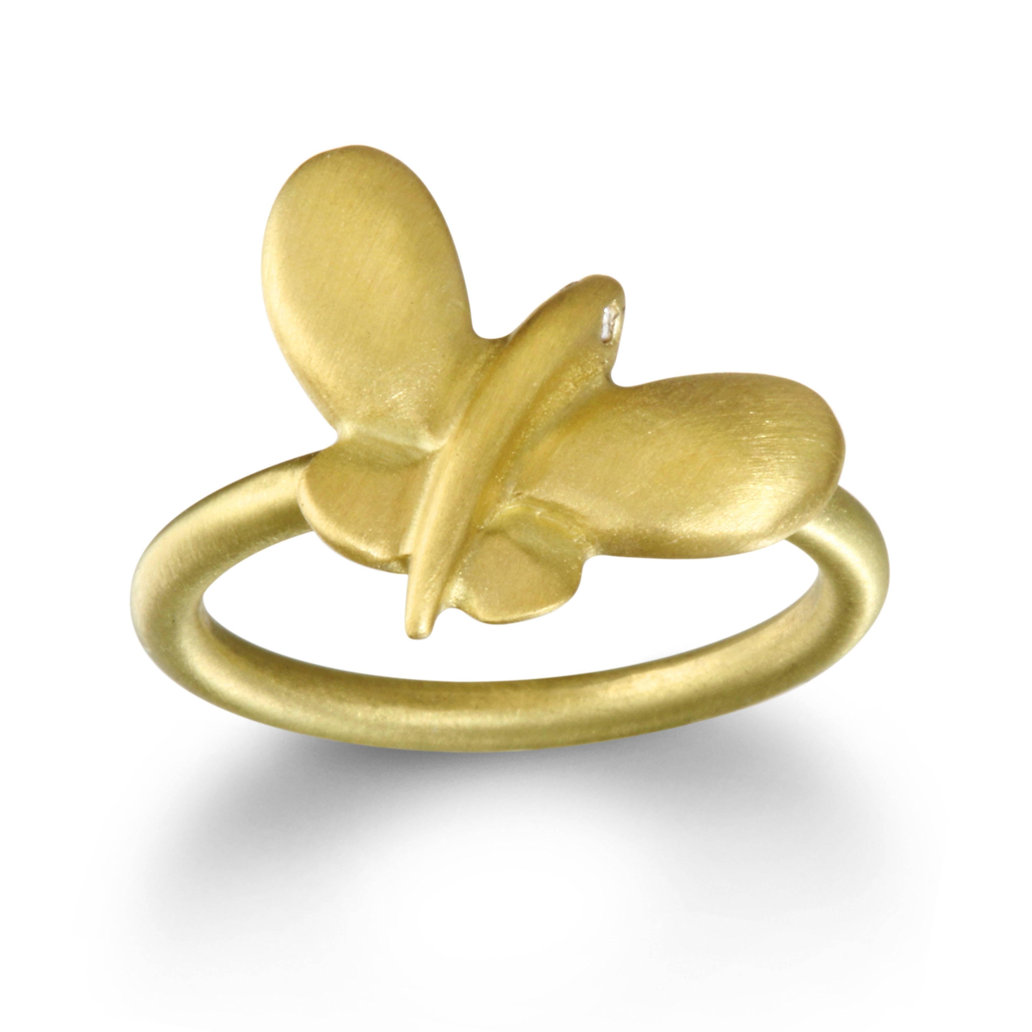 Faye Kim 18K Gold Butterfly Ring with Diamond Eyes. Butterflies are often associated with our souls and seen as a symbol of endurance, change, and hope in people's lives around the world.  

Large Butterfly Ring
Width: 5/8
