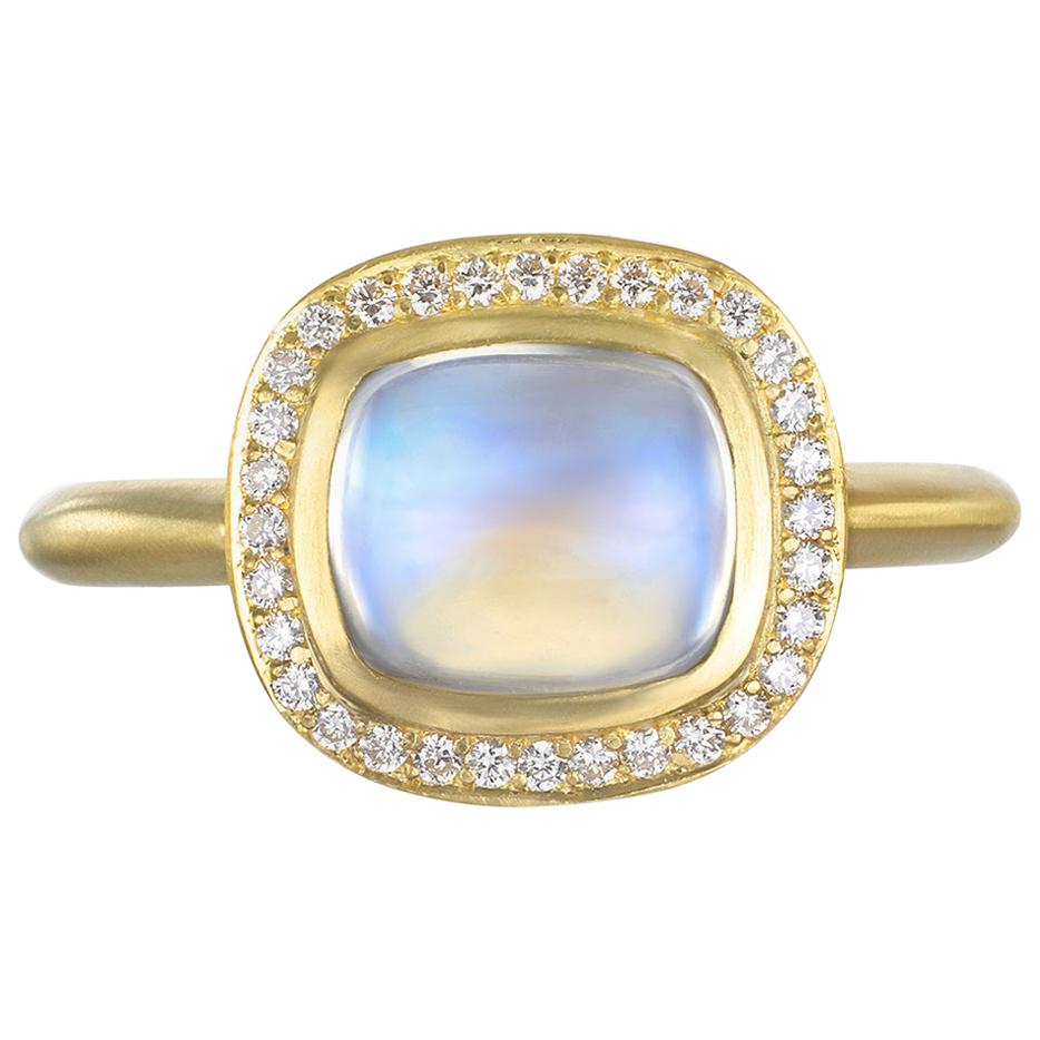 Faye Kim 18 Karat Gold Cushion Cut Blue Moonstone Ring with Diamond Halo For Sale