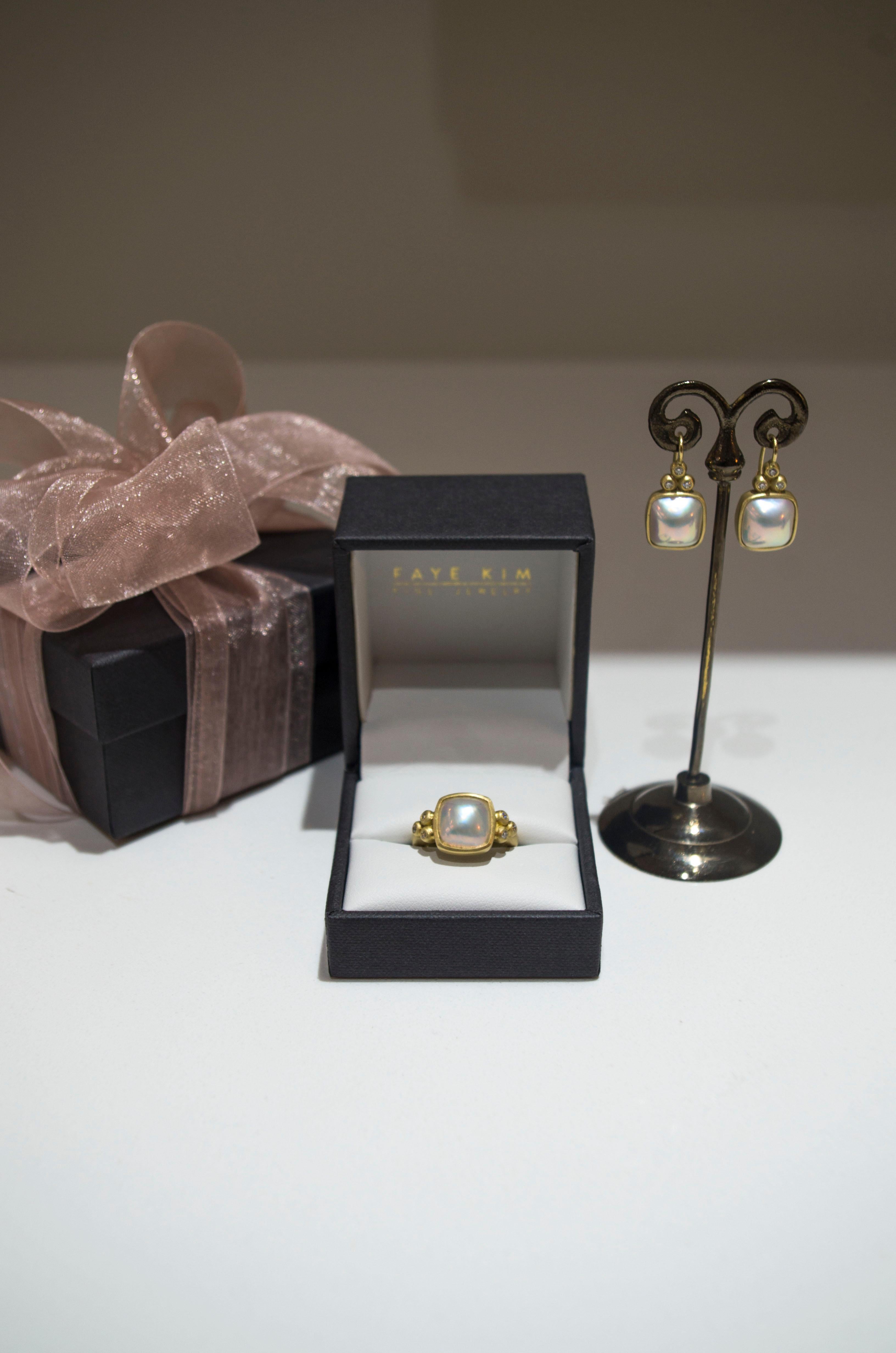 Faye Kim 18k Gold Cushion Mabe Pearl and Diamond Lever Back Earrings In New Condition In Westport, CT