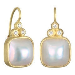 Faye Kim 18k Gold Cushion Mabe Pearl and Diamond Lever Back Earrings