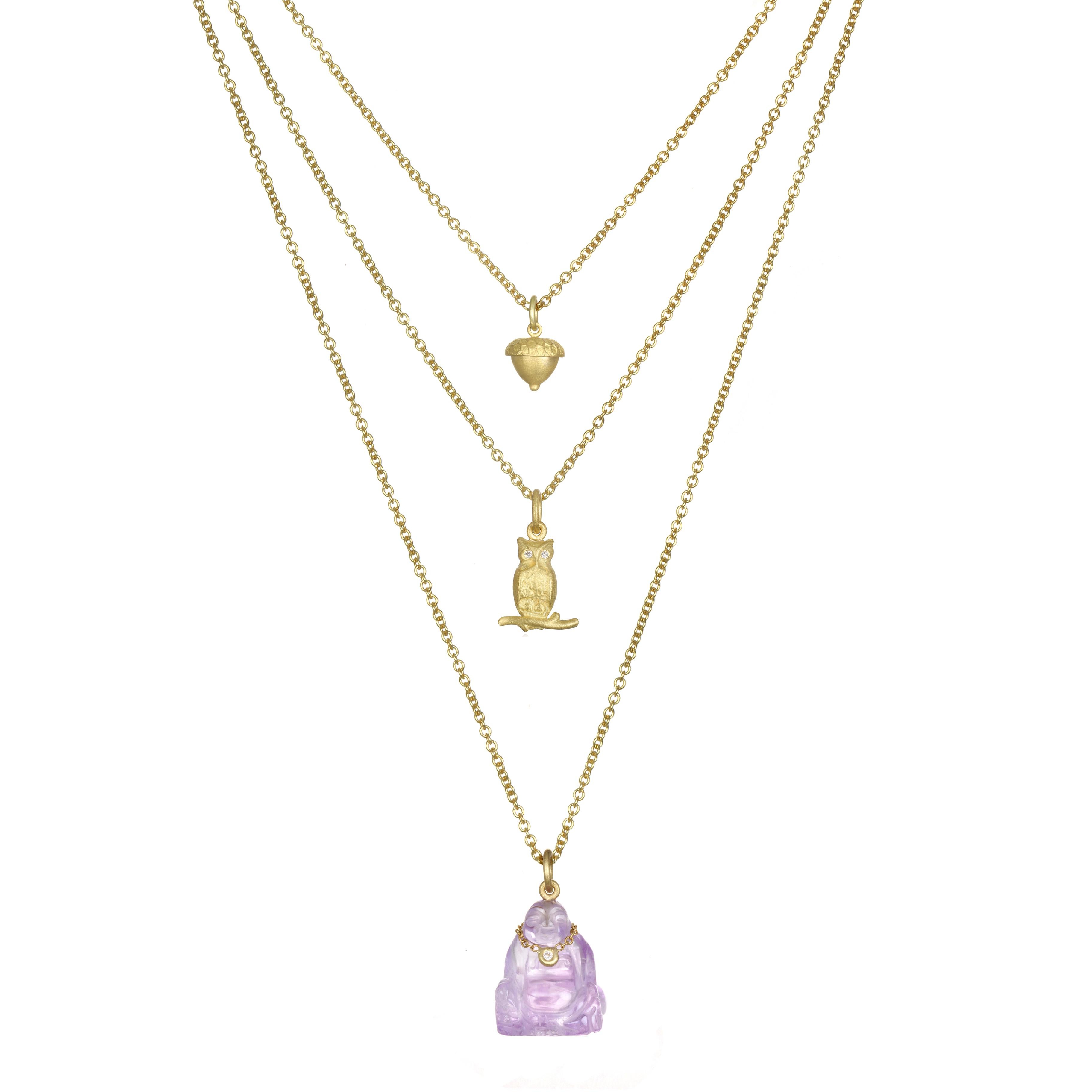 A symbol of longevity, enlightenment and love our Amethyst buddha pendant is complete with its very own diamond necklace. It is sure to add a distinctive sparkle in your life! Sold on 16-18