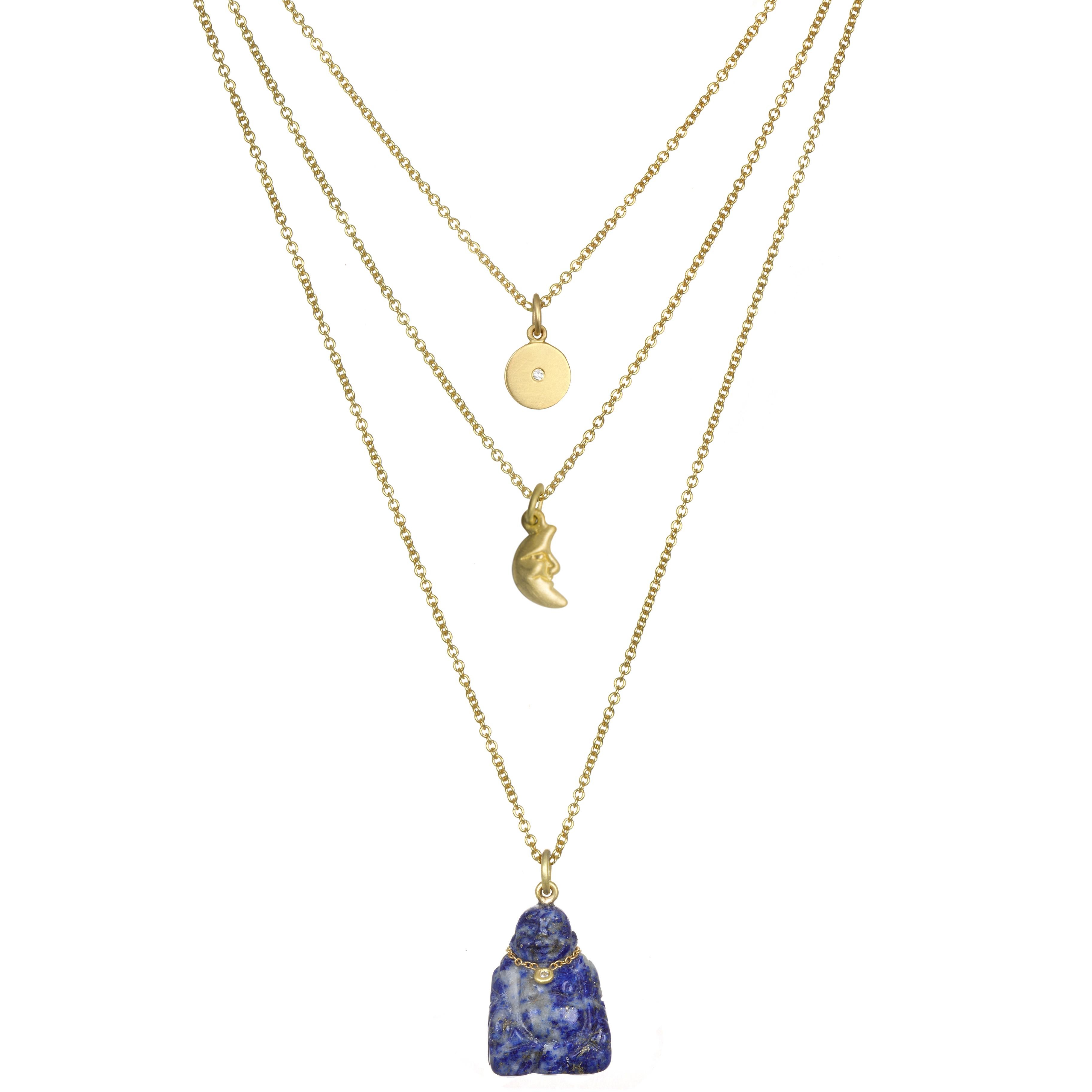 A symbol of longevity, enlightenment and love our Lapis buddha pendant is complete with its very own diamond necklace. It is sure to add a distinctive sparkle in your life! 
Cable chain 16