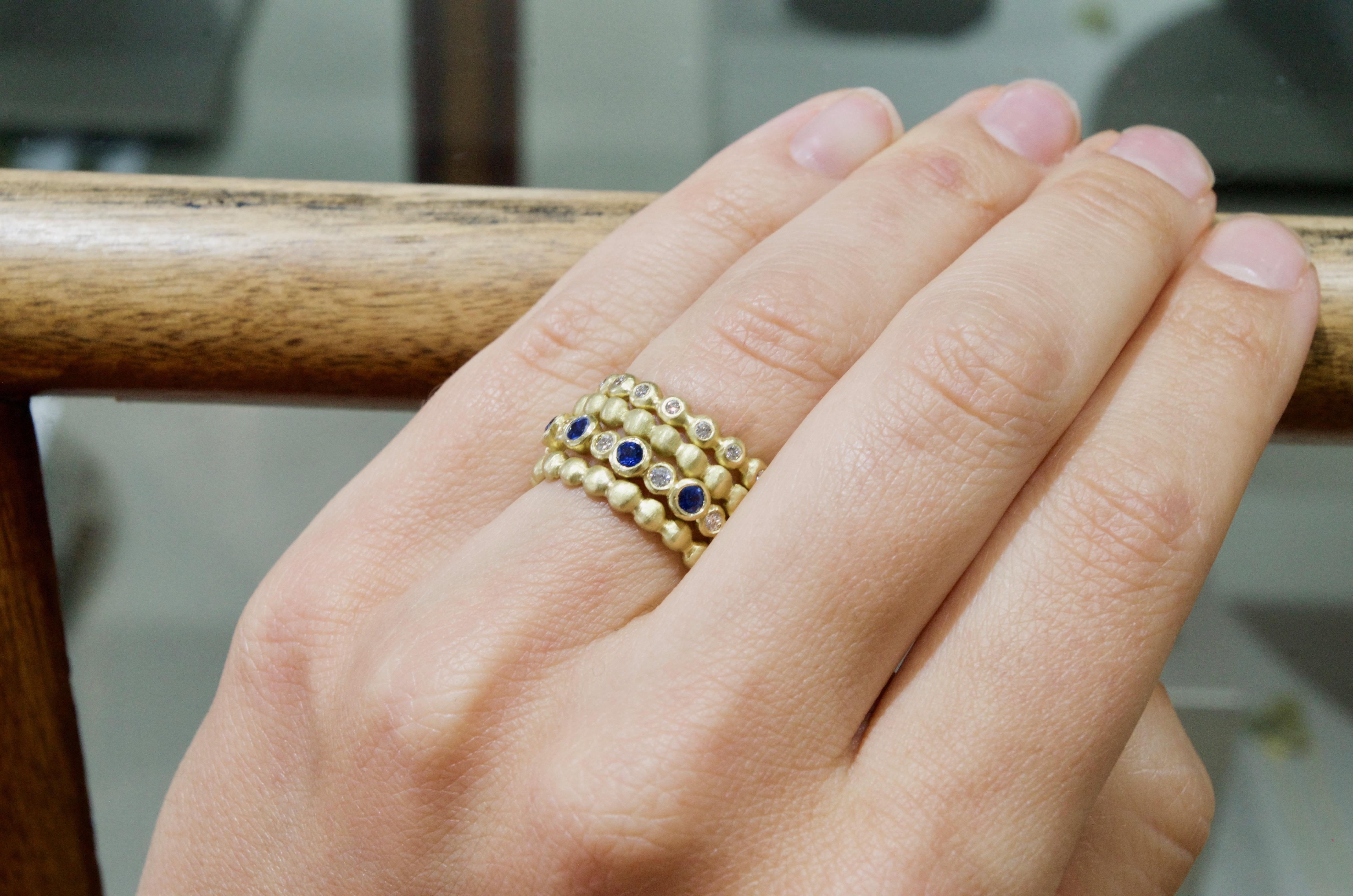 Round Cut Faye Kim 18 Karat Gold Diamond Granulation Bead Stack Rings For Sale