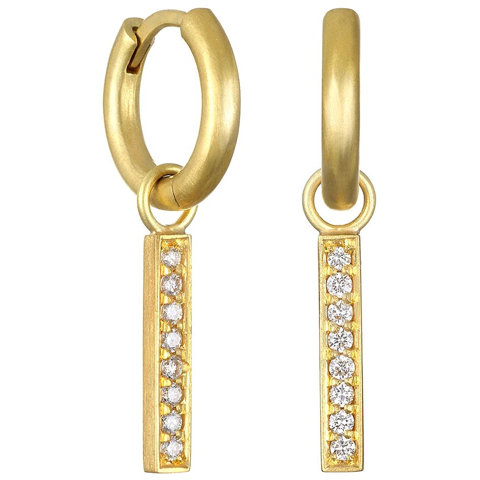 Faye Kim 18 Karat Gold Diamond Pavé Bar Drops on Huggy Hoops For Sale