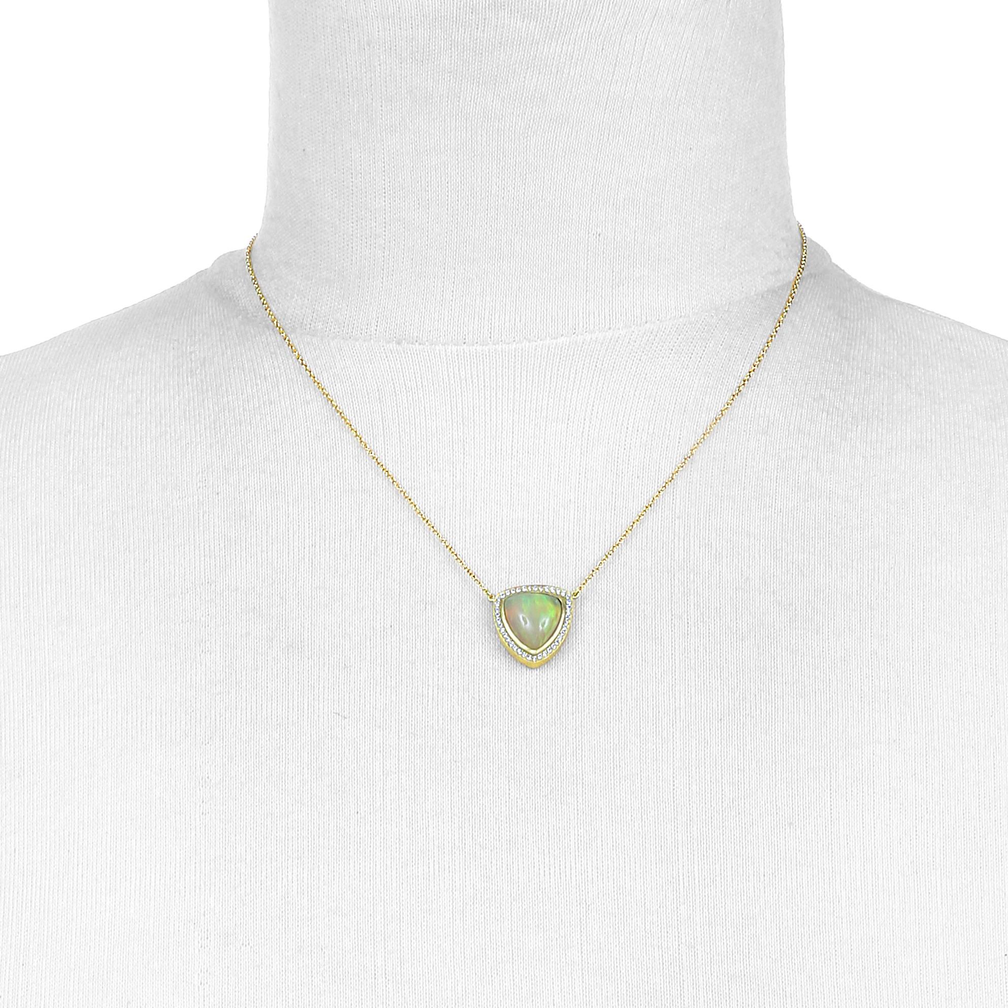 Contemporary Faye Kim 18 Karat Gold Ethiopian Opal Pendant Necklace with Diamond Halo