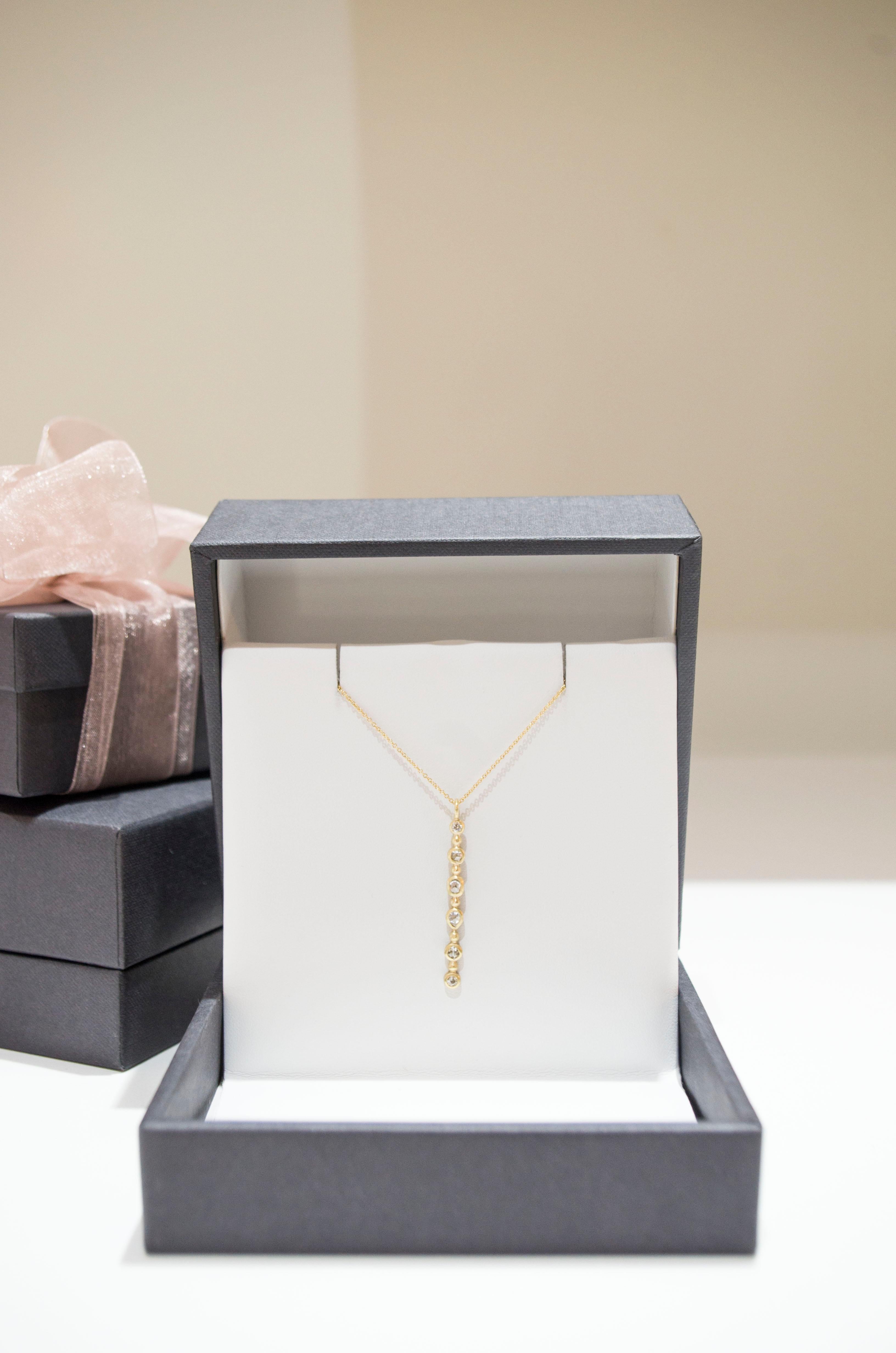 Contemporary Faye Kim 18k Gold European Cut Diamond Line Pendant Necklace