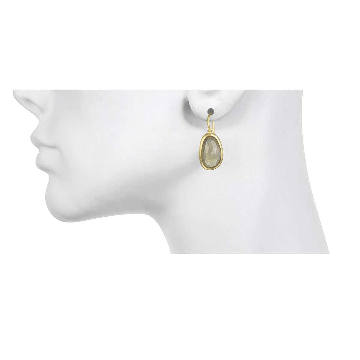 Simple, elegant, and beautiful! Handcrafted in 18k gold*, these rose-cut sapphire freeform-shaped slices are bezel set and hinged for movement. The sparkle and warm inviting color are understated and make these earrings easy to wear for any and all