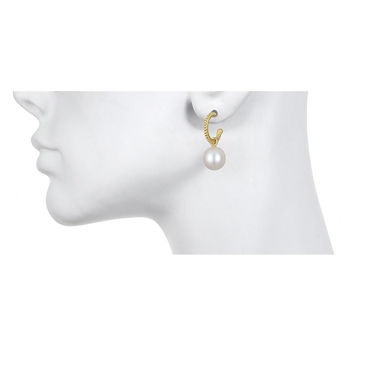 Uncut Faye Kim 18 Karat Gold Granulation Hoops with Freshwater Pearl Drops For Sale