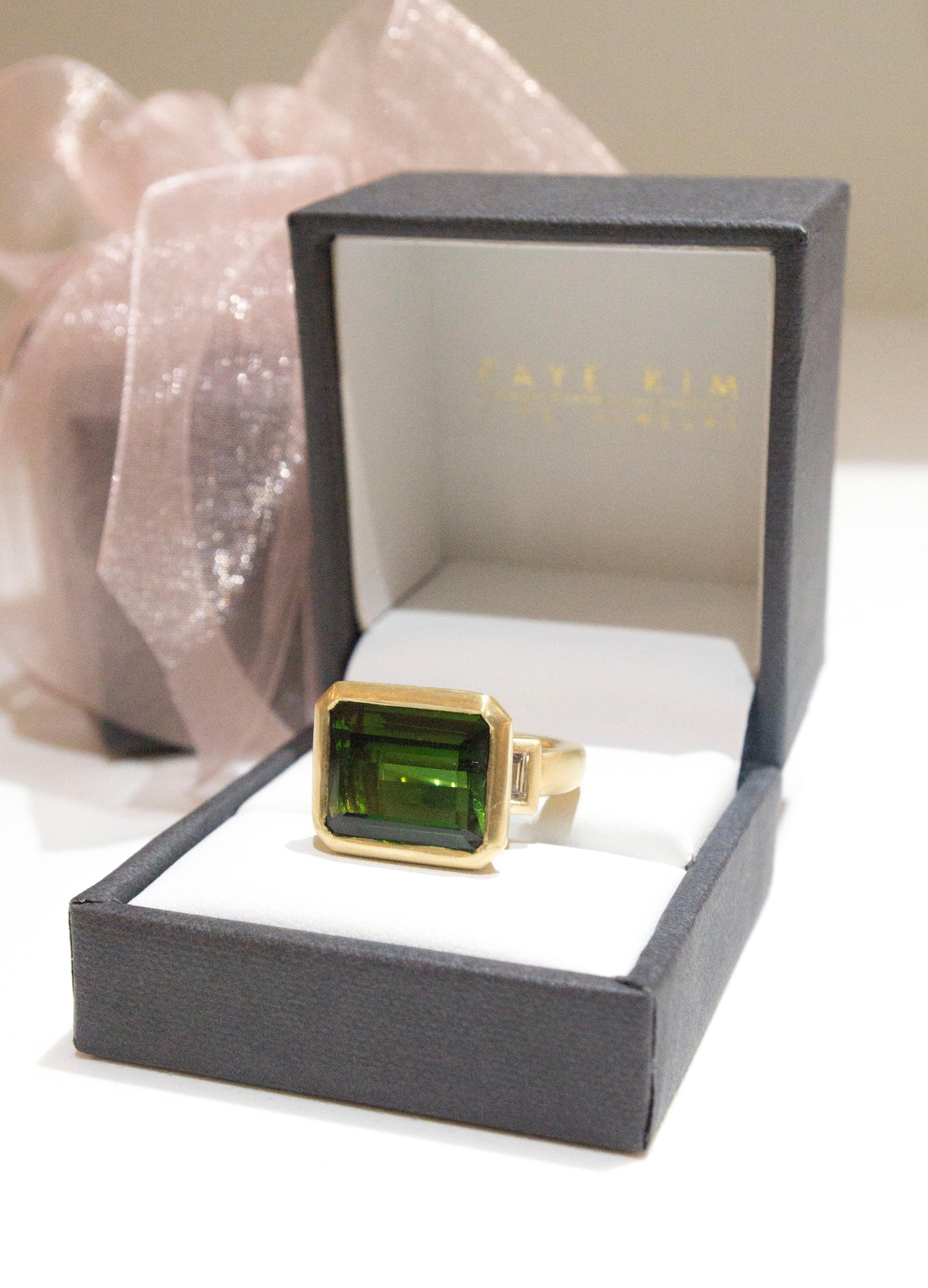 Faye Kim 18 Karat Gold Green Tourmaline Ring with Diamond Baguettes 1