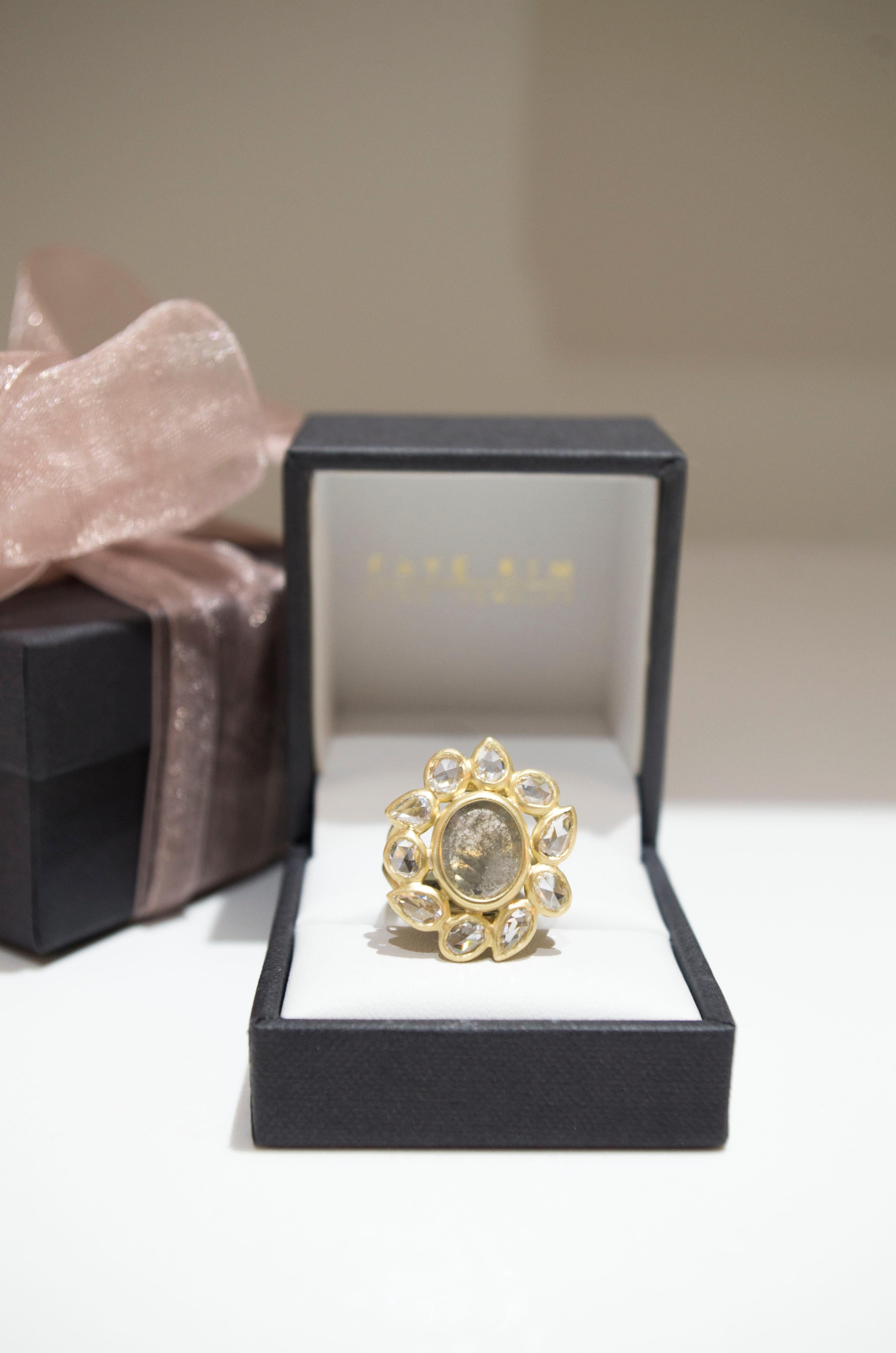 Contemporary Faye Kim 18k Gold Grey Diamond Slice with White Rose Cut Diamonds Cocktail Ring