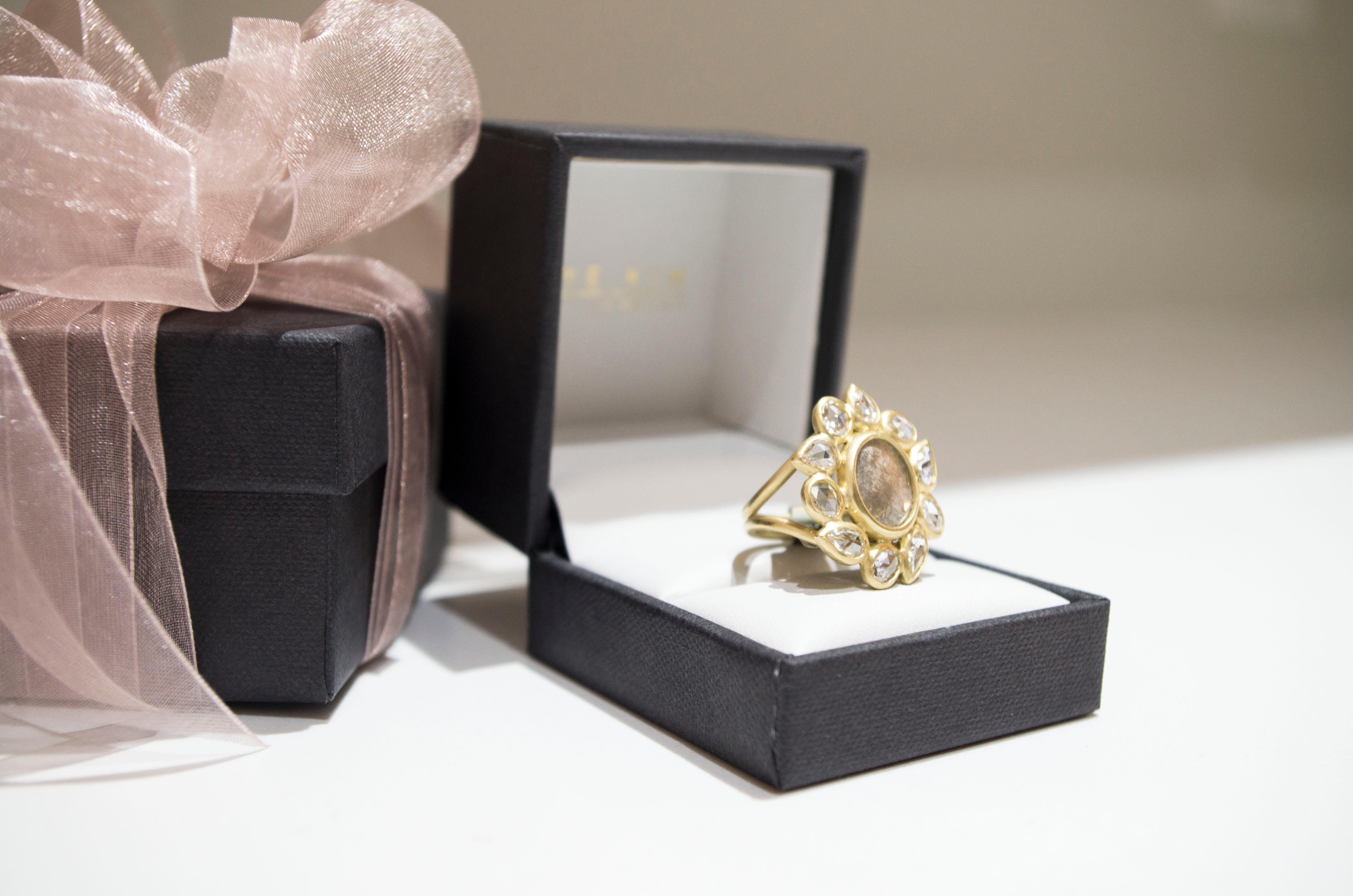 Oval Cut Faye Kim 18k Gold Grey Diamond Slice with White Rose Cut Diamonds Cocktail Ring