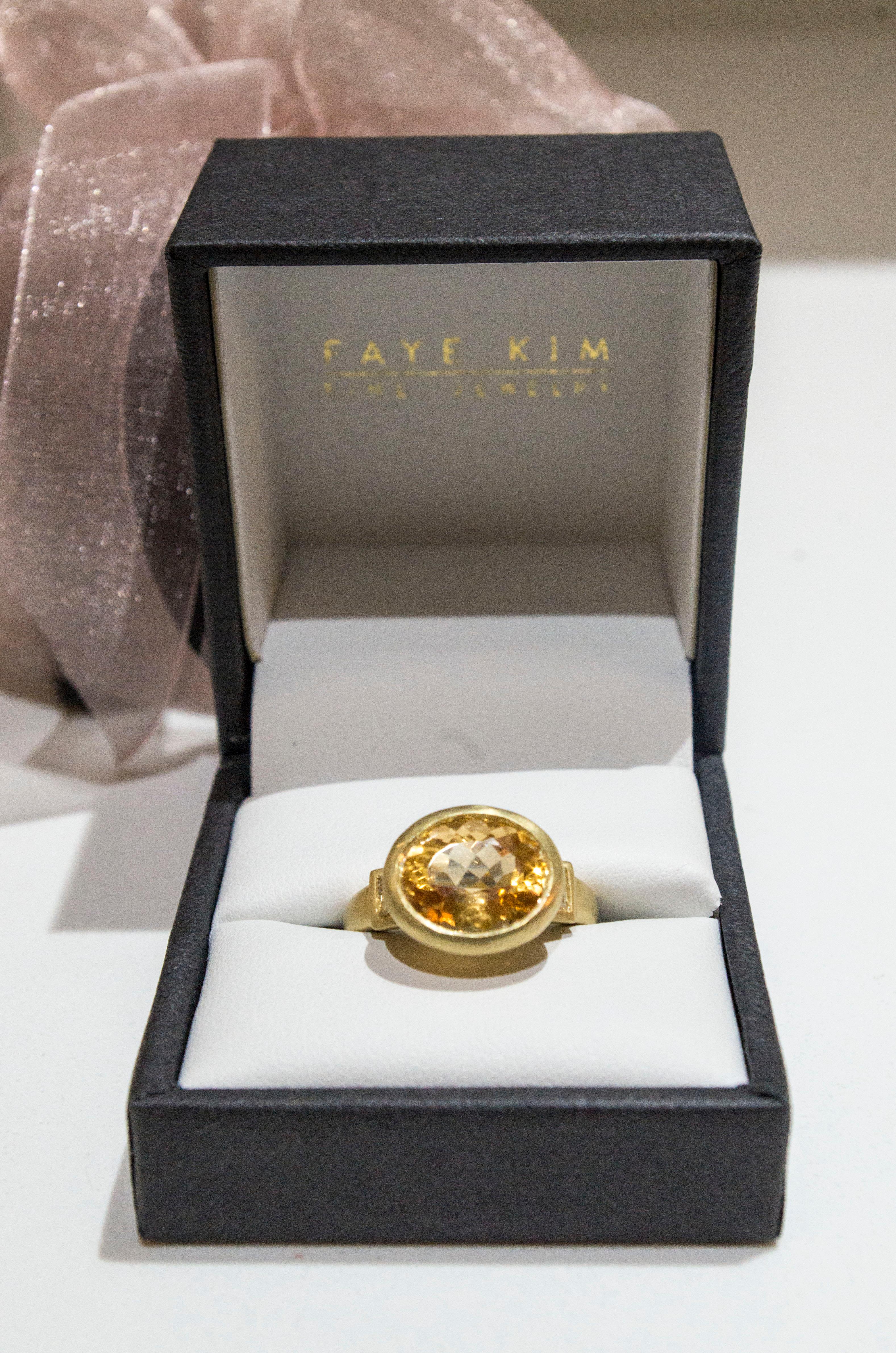 Faye Kim 18 Karat Gold Imperial Topaz Three-Stone Ring For Sale 2