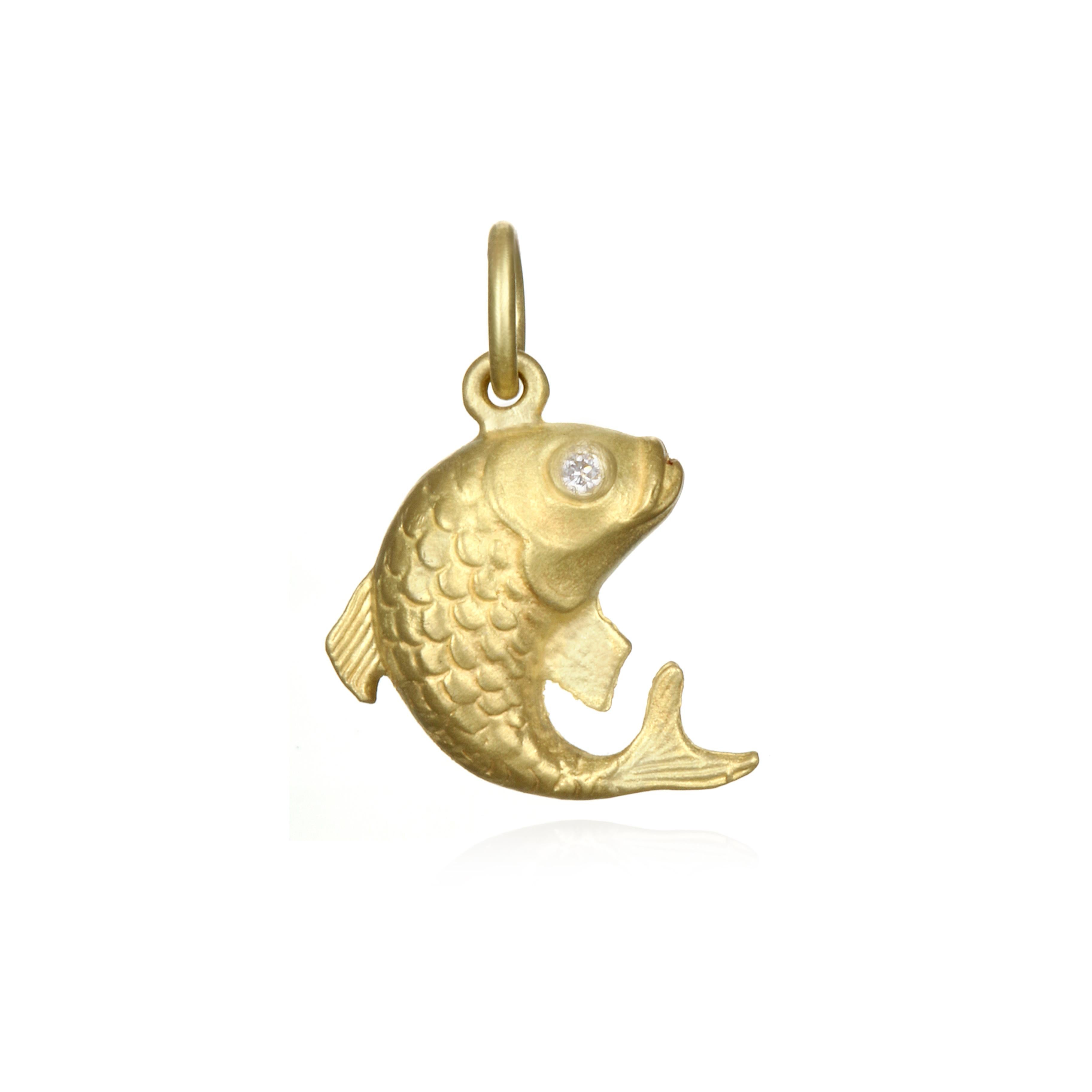 For courage, achievement, and strength - This beautiful Koi Charm is crafted in solid 18K green gold with two diamond eyes.  The cable chain is 16-18