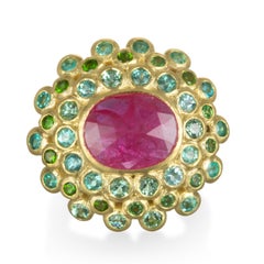 18k Gold Madagascar Ruby Paraiba Tourmaline and Tsavorite Garnet Cocktail Ring