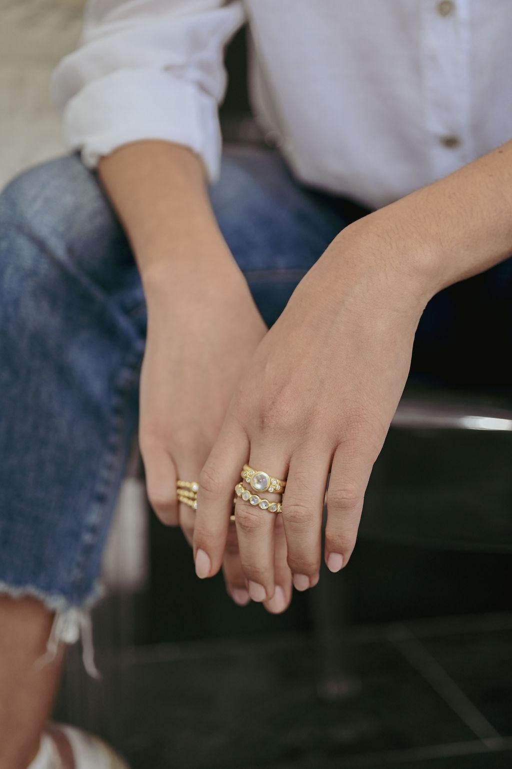 Contemporary Faye Kim 18K Gold Moonstone Bezel Ring with Triple Diamond Granulation 