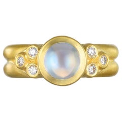 Faye Kim 18K Gold Moonstone Bezel Ring with Triple Diamond Granulation 