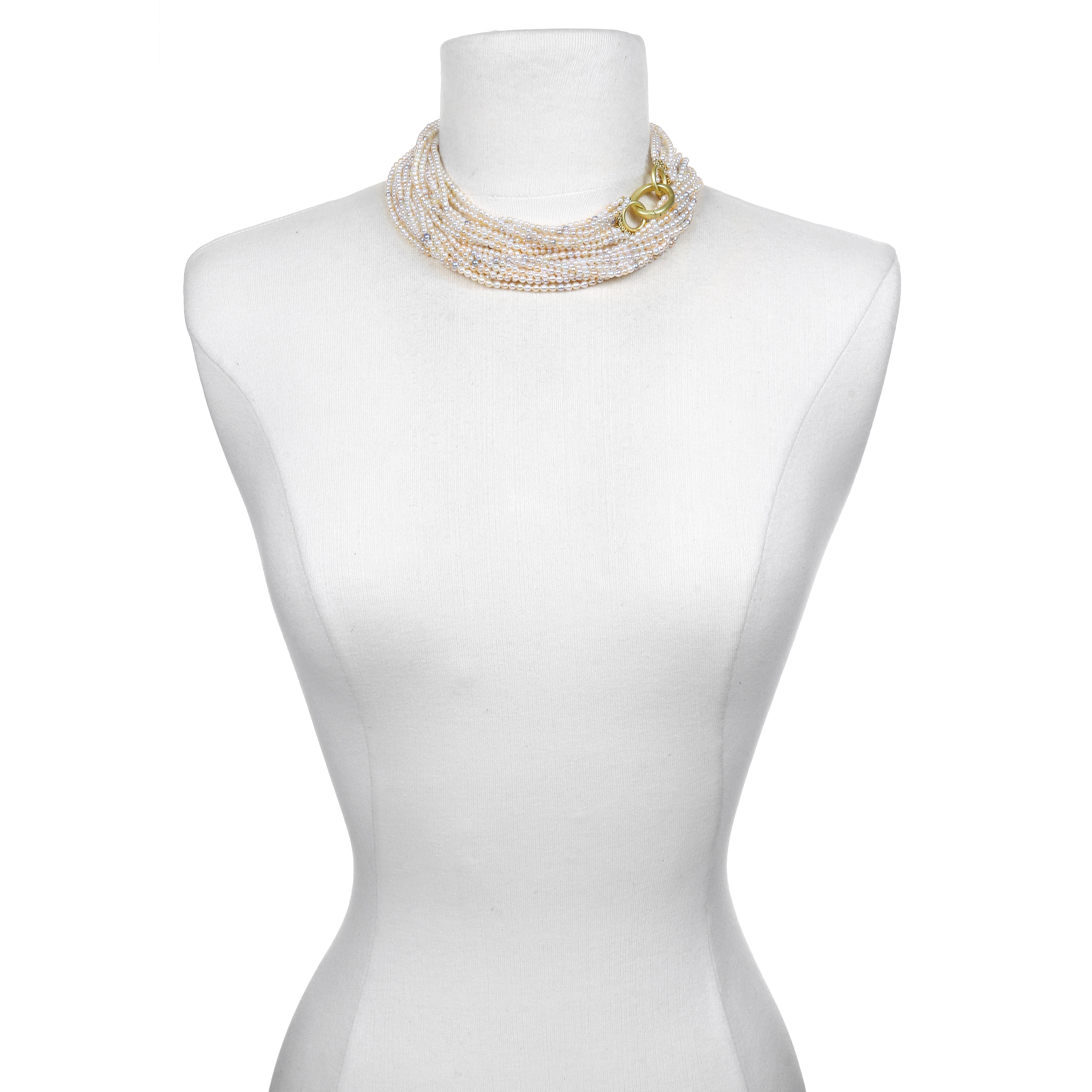 Round Cut Faye Kim 18 Karat Gold Multi-Strand Akoya Keshi Pearl Necklace For Sale