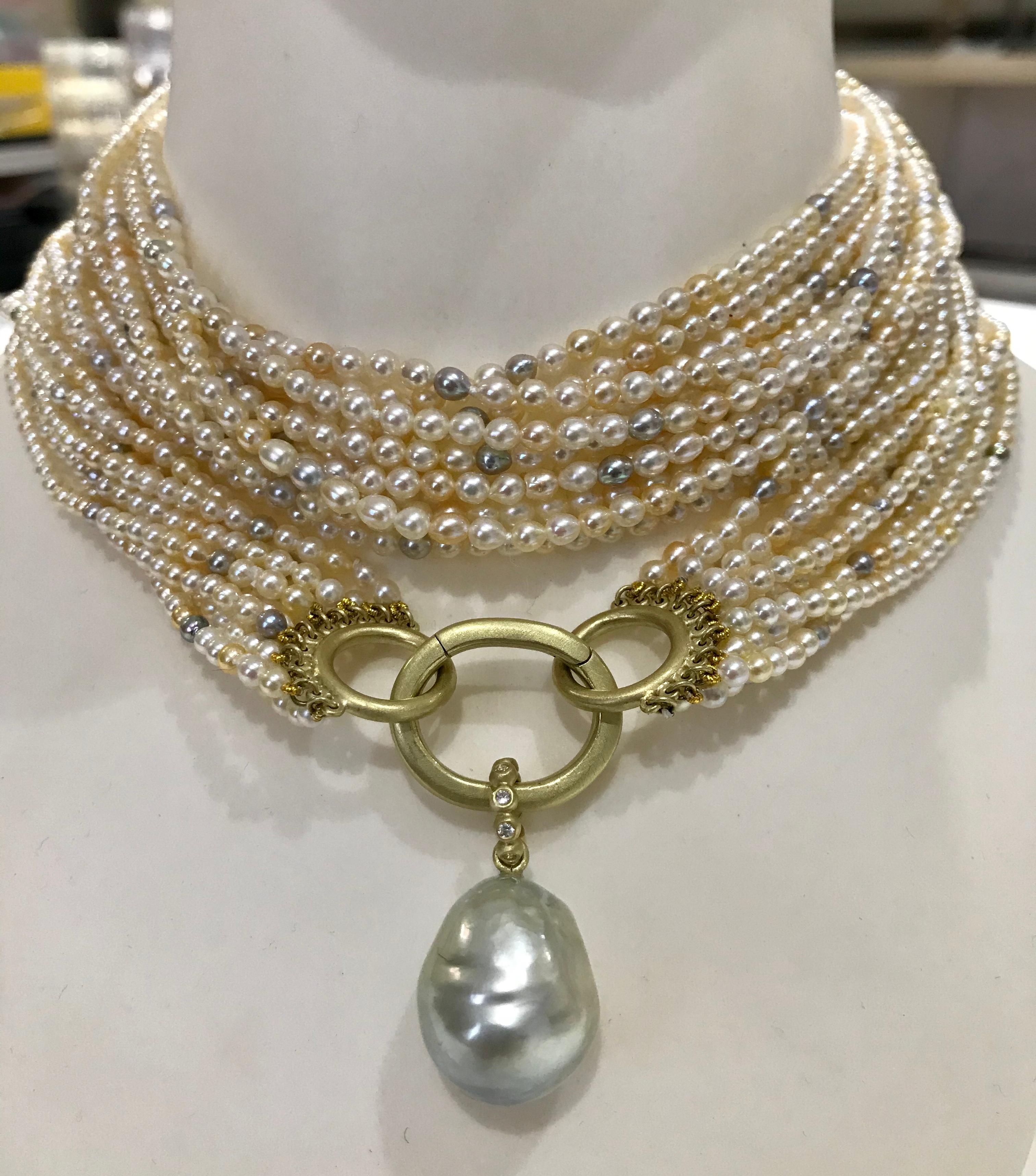 Faye Kim 18 Karat Gold Multi-Strand Akoya Keshi Pearl Necklace For Sale 5