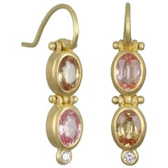 Faye Kim 18k Gold Oval Fancy Pink Peach Sapphire Hinged Earrings with Diamonds