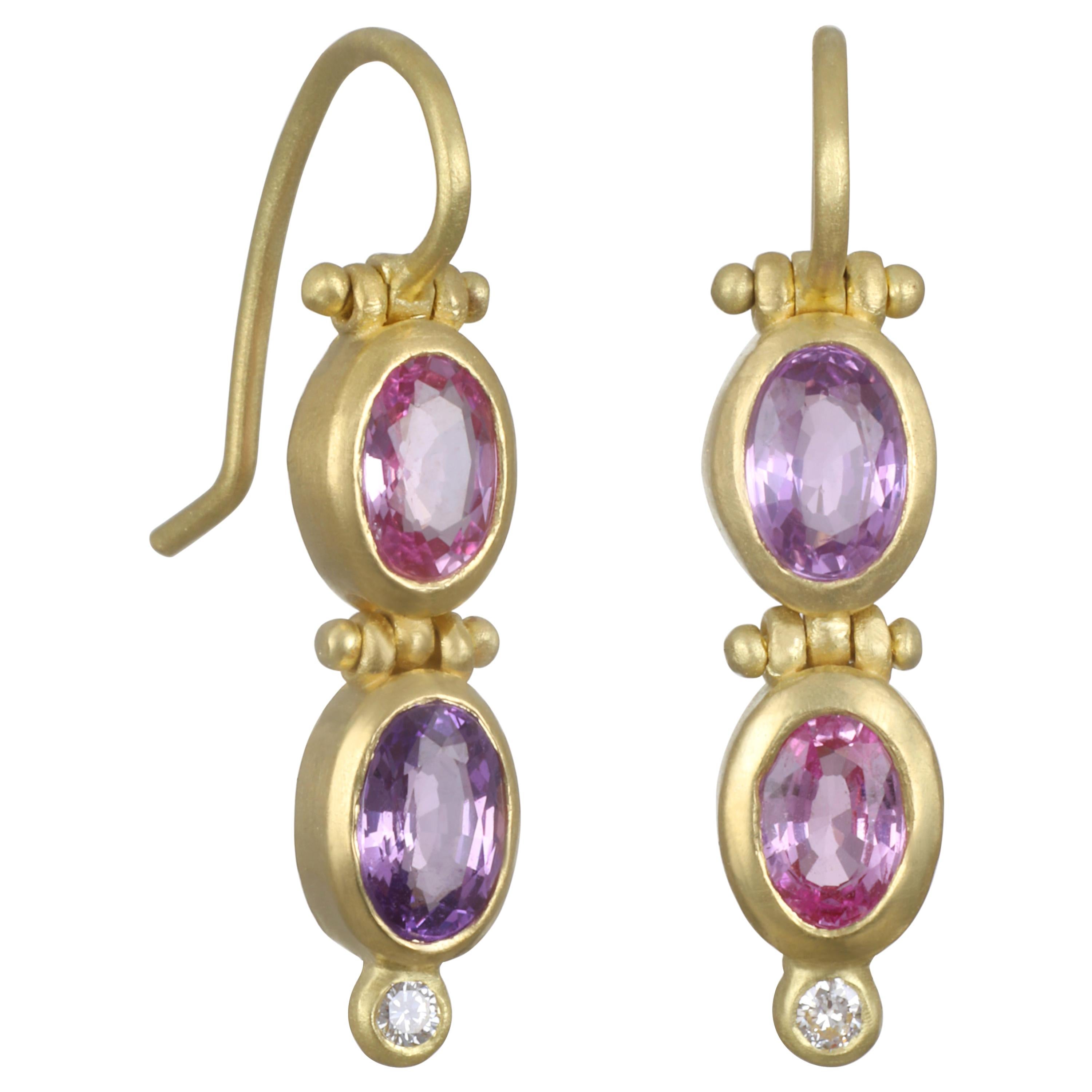 Faye Kim 18k Gold Oval Fancy Pink Purple Sapphire Earrings with Diamonds