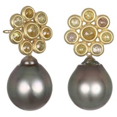 Faye Kim 18K Gold Raw Diamond Daisy Earrings with Black Tahitian Pearl Drops