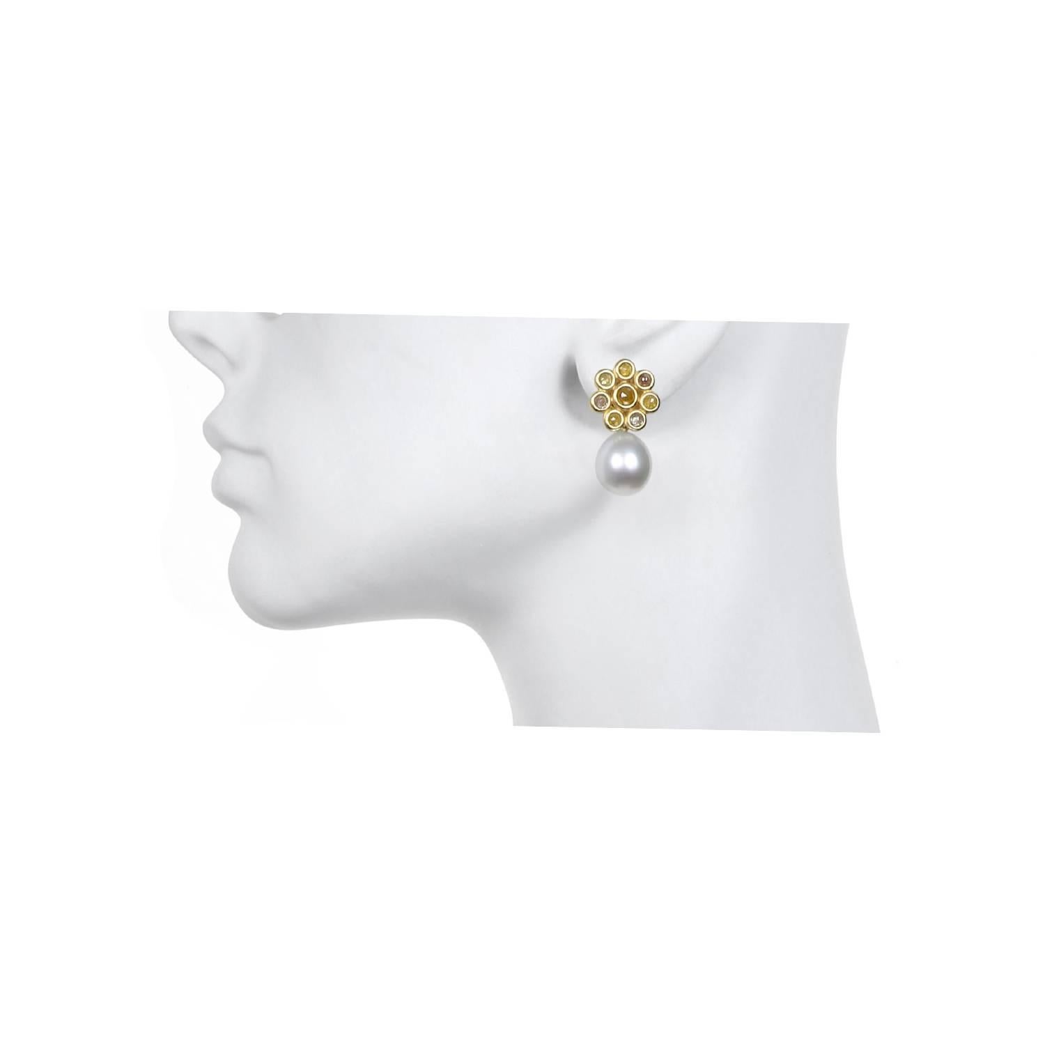 Faye Kim 18K Gold Raw Diamond Daisy Earrings with Golden South Sea Pearl Drops For Sale 2