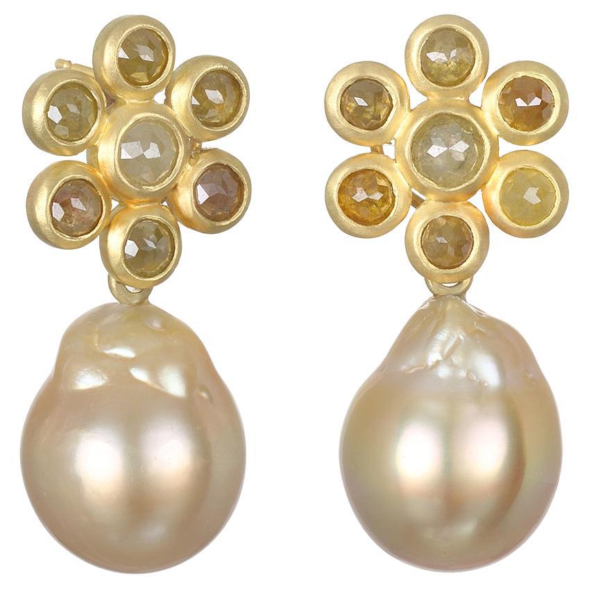 Faye Kim 18K Gold Raw Diamond Daisy Earrings with Golden South Sea Pearl Drops For Sale