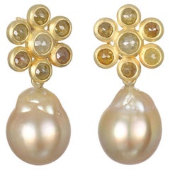 Faye Kim 18K Gold Raw Diamond Daisy Earrings with Golden South Sea Pearl Drops