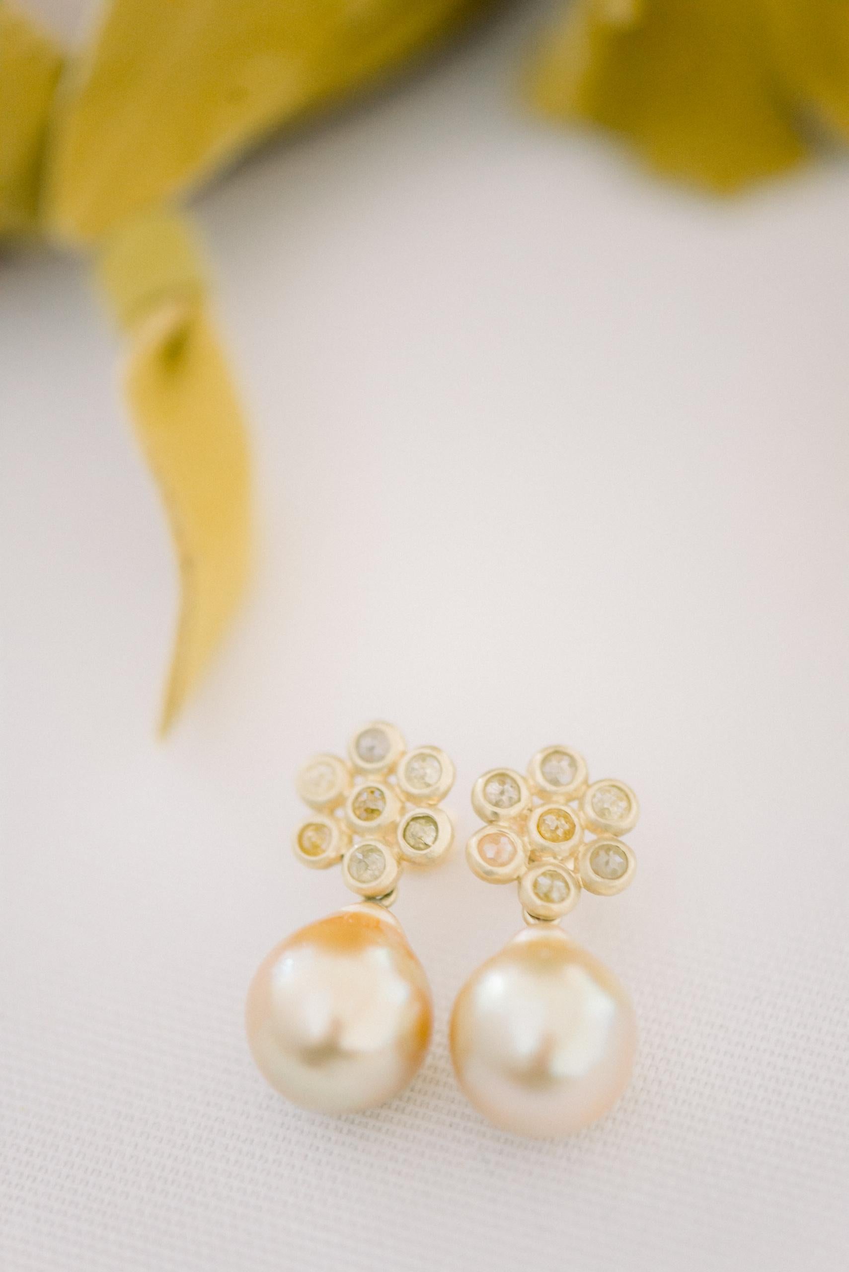 Faye Kim 18k Gold Raw Diamond Daisy Earrings with White South Sea Pearl Drops 1