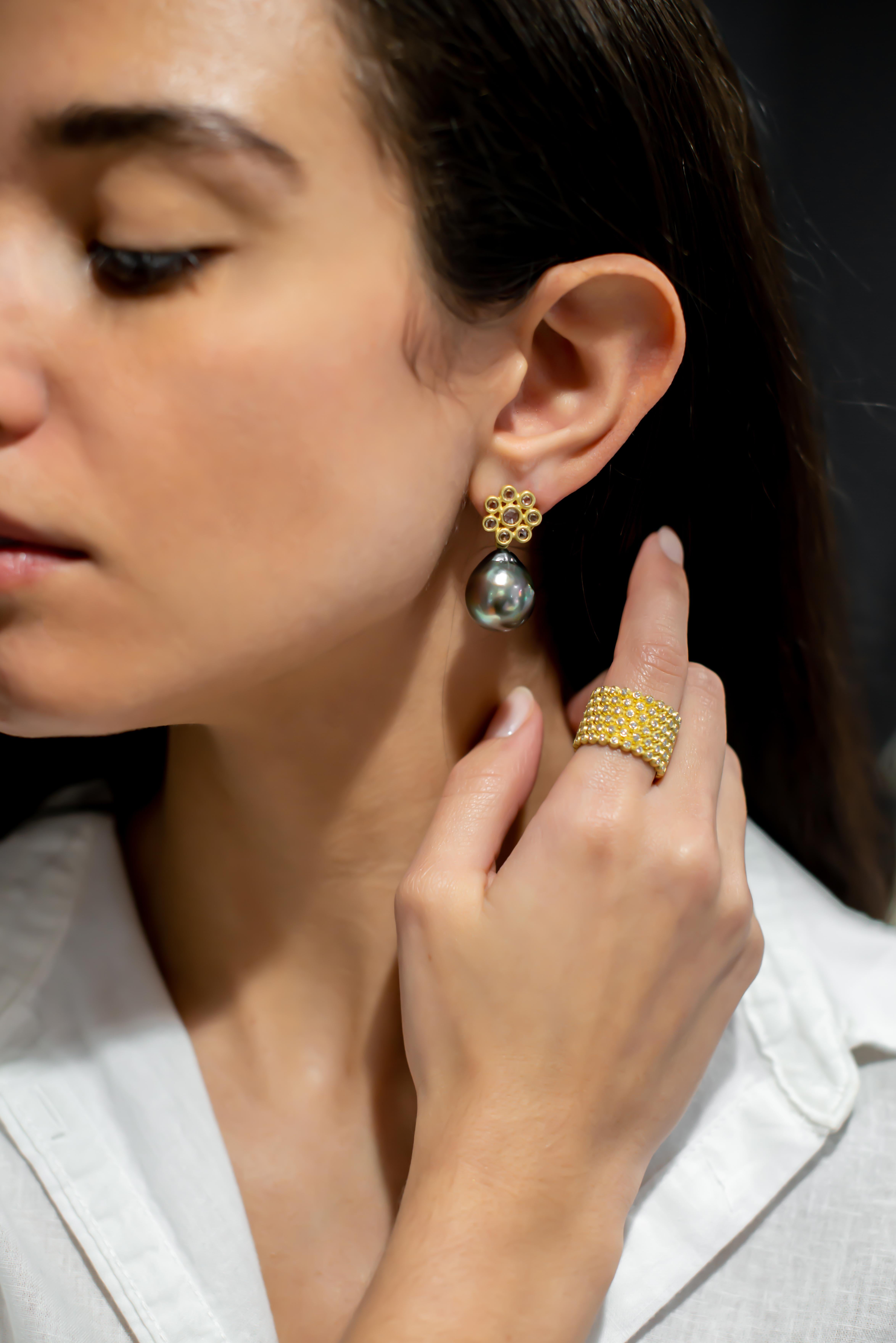 Contemporary Faye Kim 18k Gold Raw Diamond Daisy Earrings with White South Sea Pearl Drops
