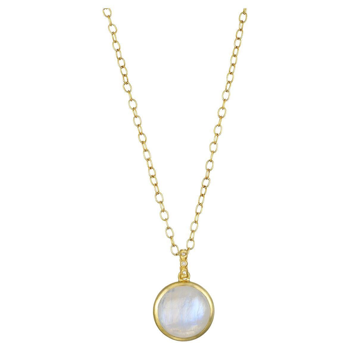 Faye Kim 18K Gold Round Moonstone Pendant with Diamond Bail on Handmade Chain For Sale