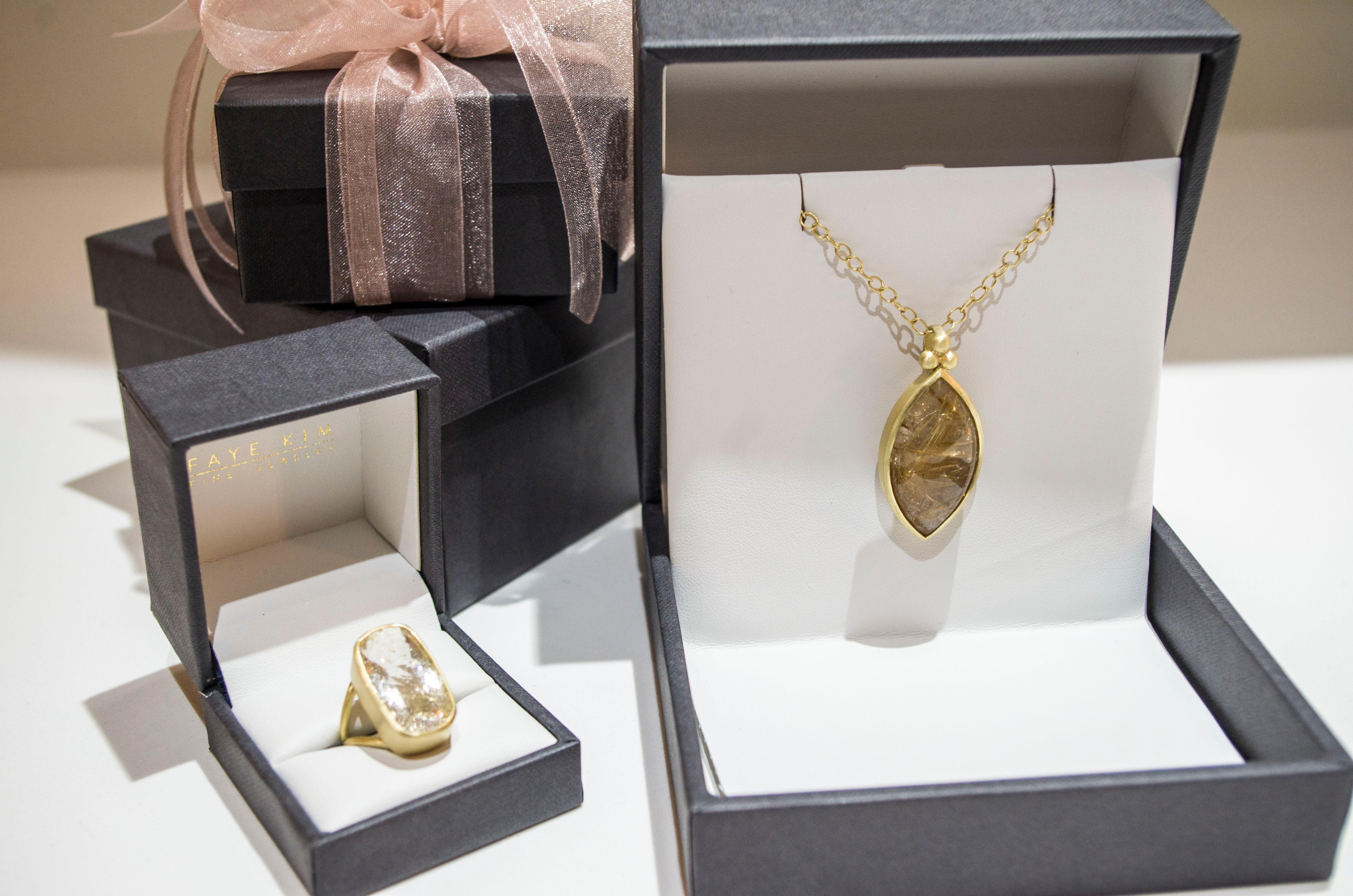 Marquise Cut Faye Kim 18 Karat Gold Rutilated Quartz Pendant Necklace For Sale