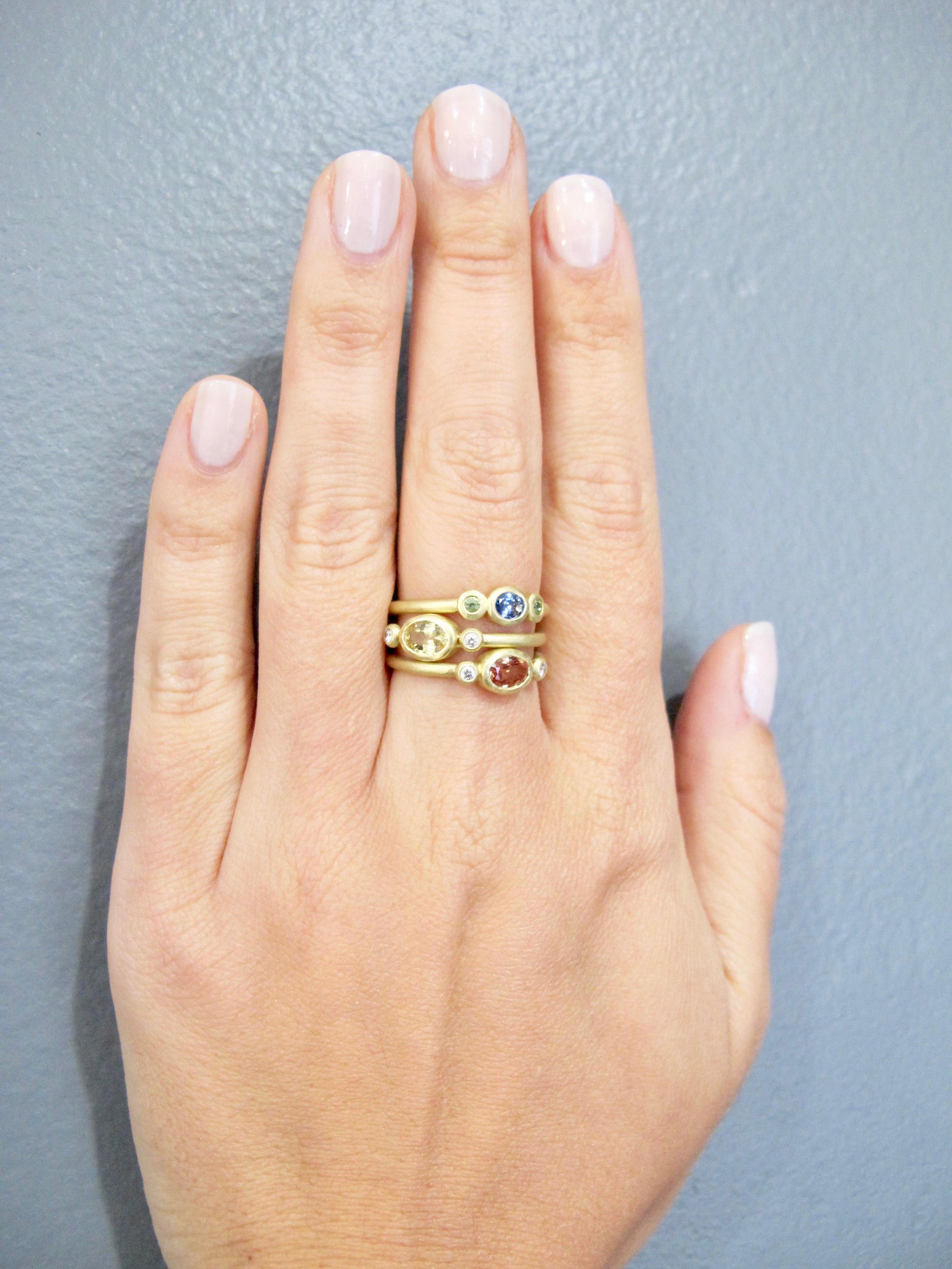Contemporary Faye Kim 18 Karat Gold Three-Stone Blue Green Sapphire Stack Ring