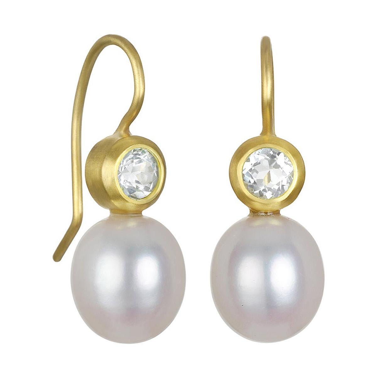 Faye Kim 18k Gold White Sapphire and Freshwater Pearl Earrings For Sale