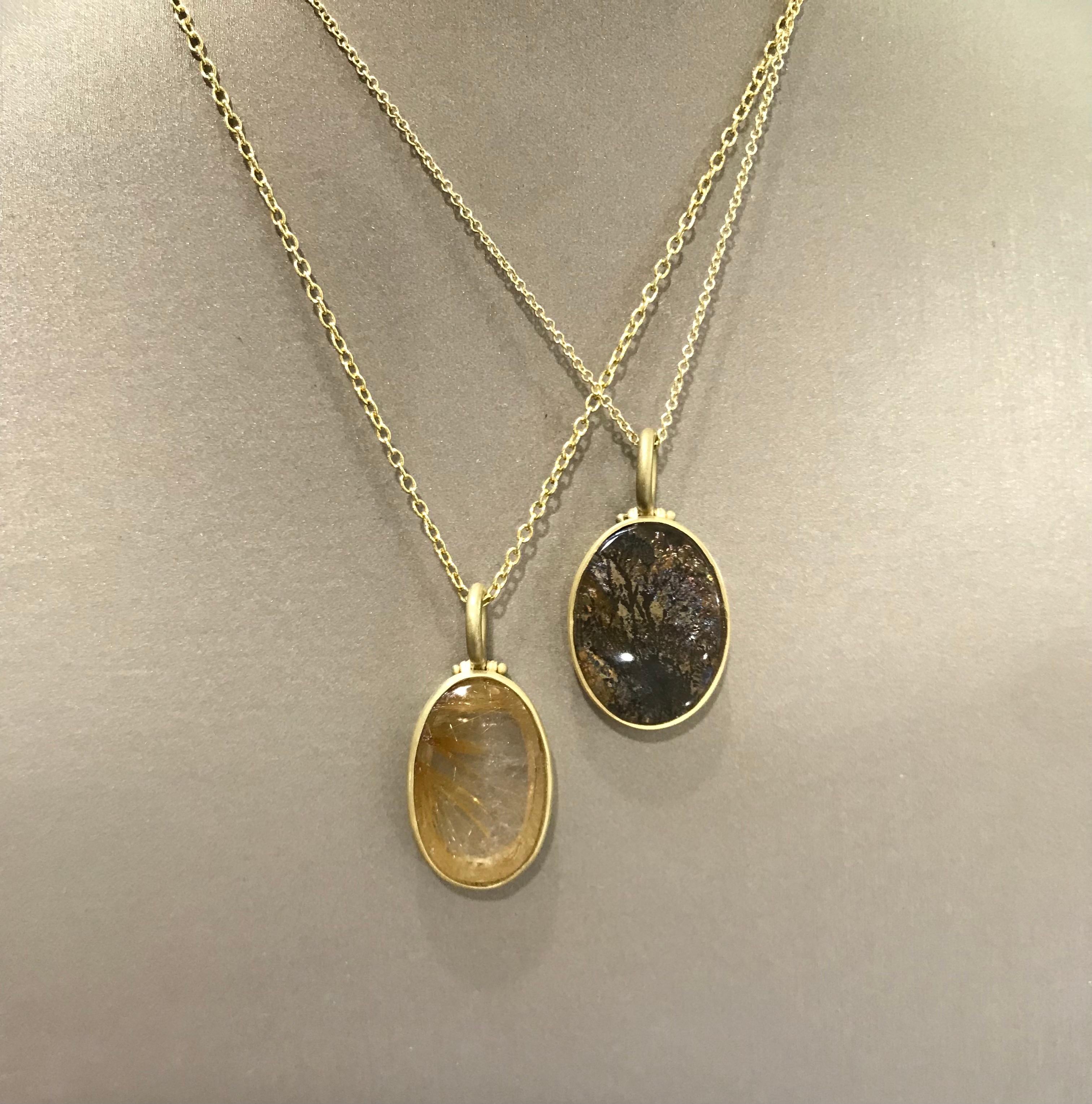 Women's or Men's Faye Kim 18K Ruitlated Quartz Oval Pendant on Cable Chain For Sale
