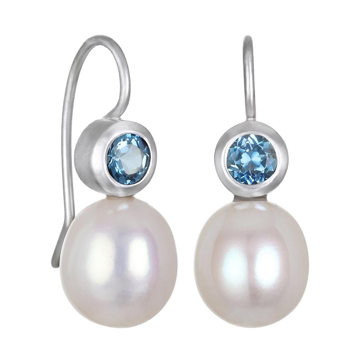 Faye Kim 18k White Gold Aquamarine and Pearl Earrings