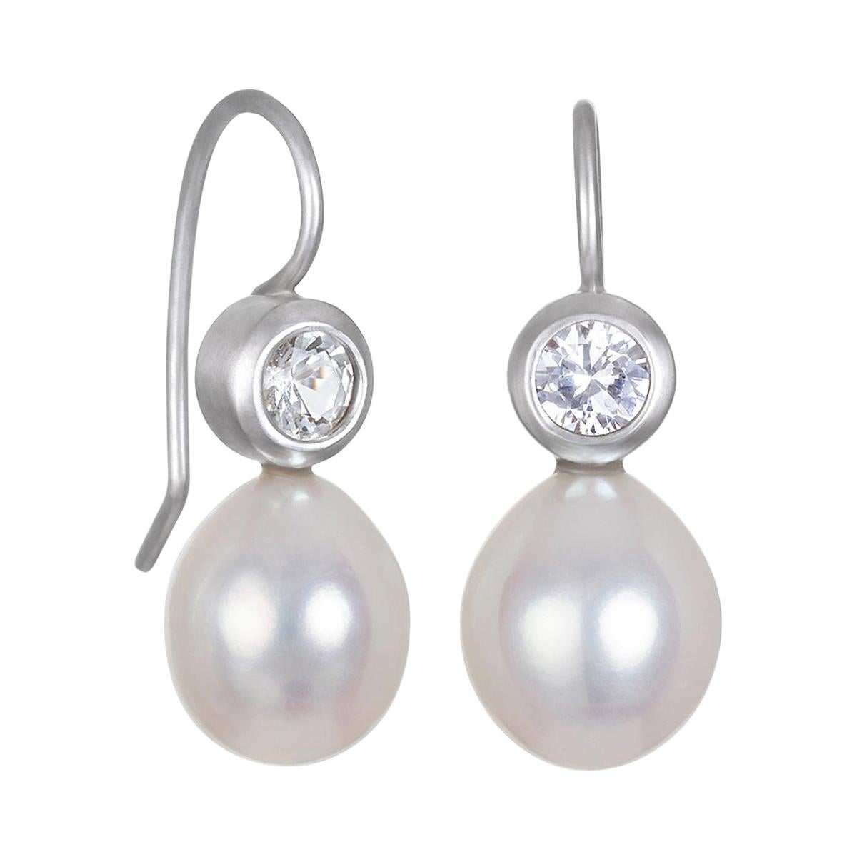 Faye Kim 18k White Gold White Sapphire Pearl Earrings For Sale