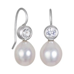 Faye Kim 18k White Gold White Sapphire Pearl Earrings