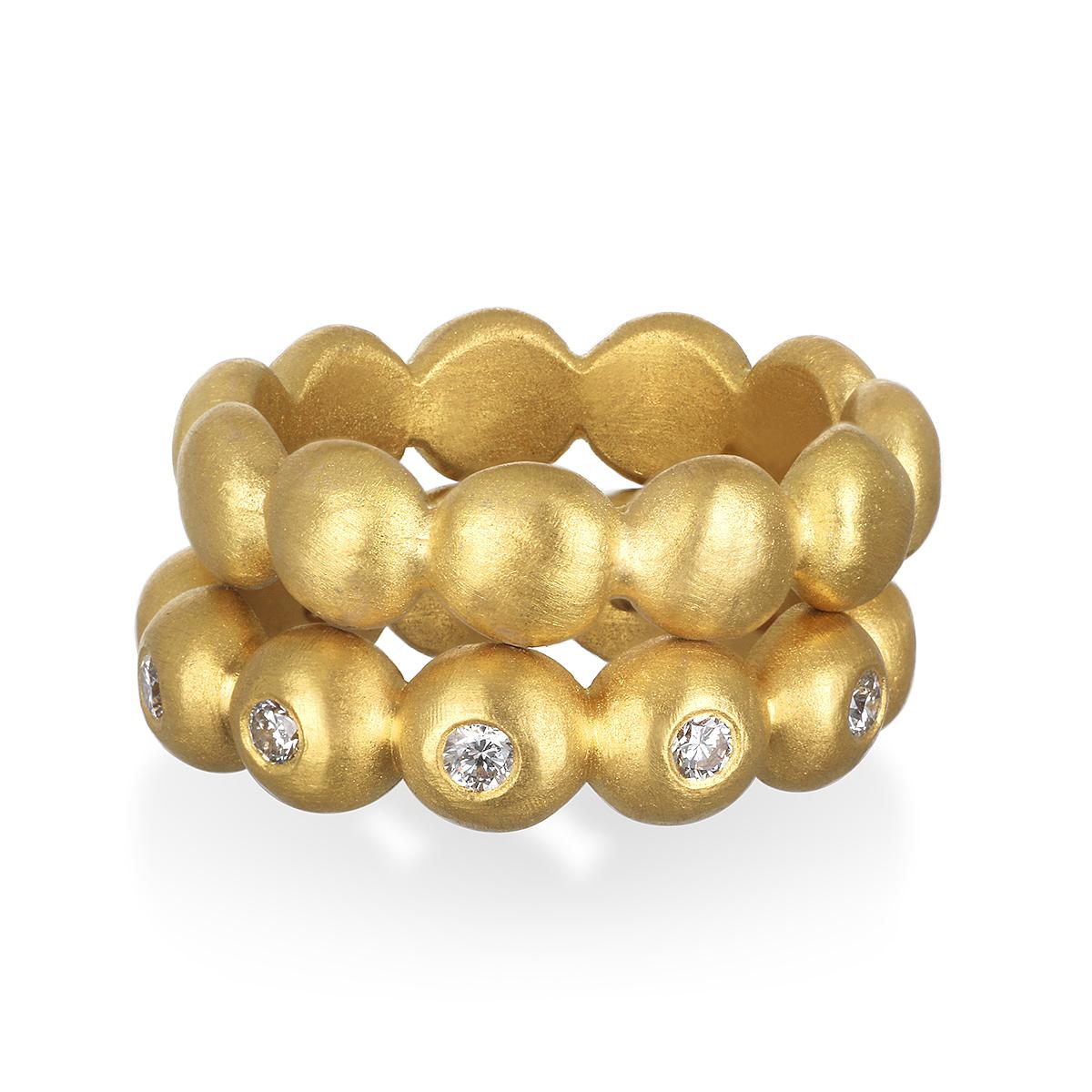 Part of Faye Kim's signature collection in 22 karat gold, large granulation beads are burnished with round brilliant cut diamonds and matte finished for a clean, contemporary look.

Diamonds: .51 tcw 
Color/Clarity:  G/VS
Size: 7.5, can be