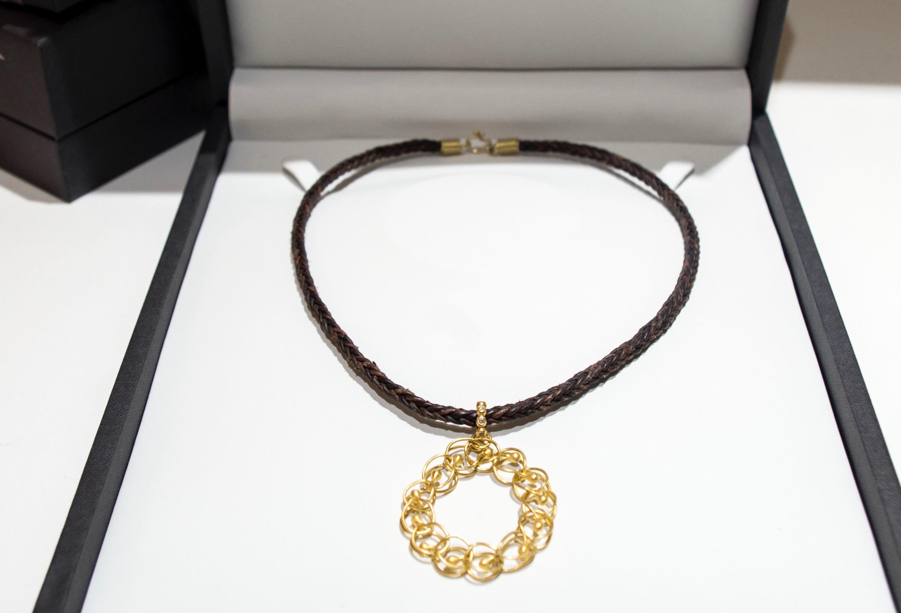 Women's Faye Kim 22K Gold Diamond Woven Circle Pendant and Chain