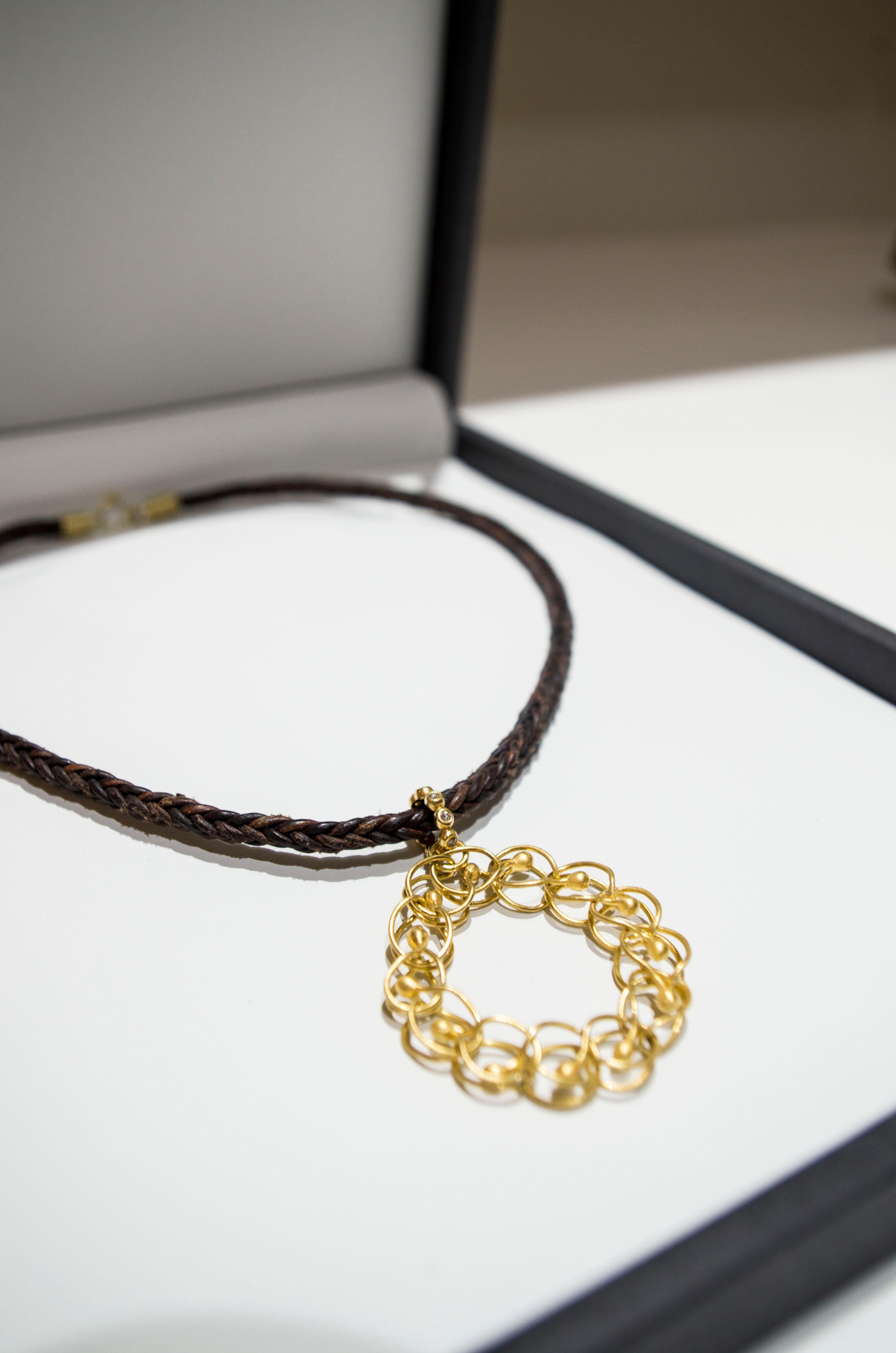Faye Kim 22K Gold Diamond Woven Circle Pendant and Chain 1