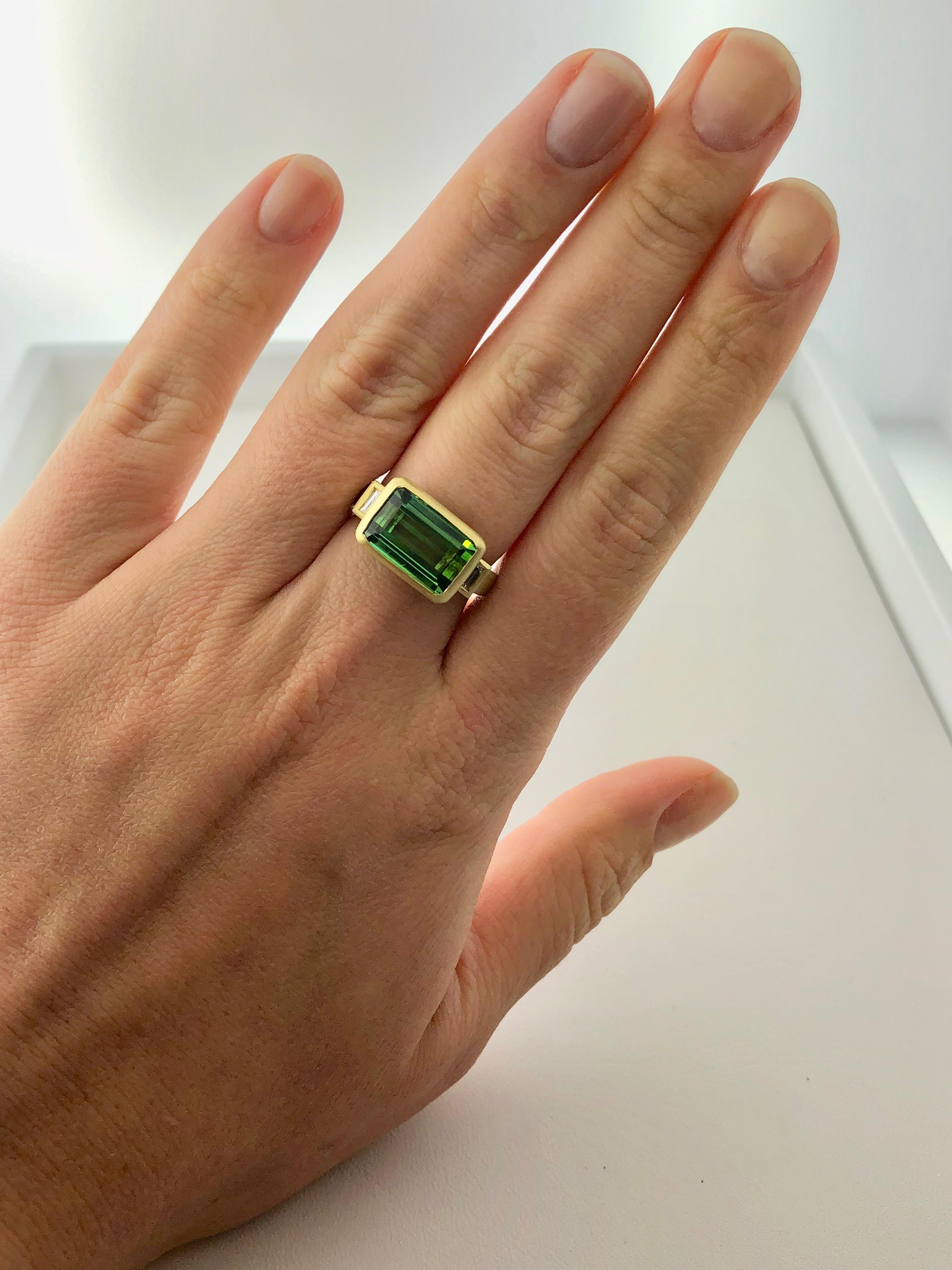 Faye Kim 5.10 Carat Emerald Cut Green Tourmaline and Diamond Ring in 18k Gold  In New Condition In Westport, CT